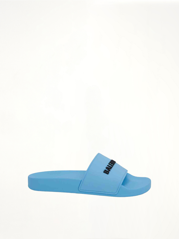 3D Logo Pool Slide Sandal in Sky Blue/Black Side View | BALENCIAGA