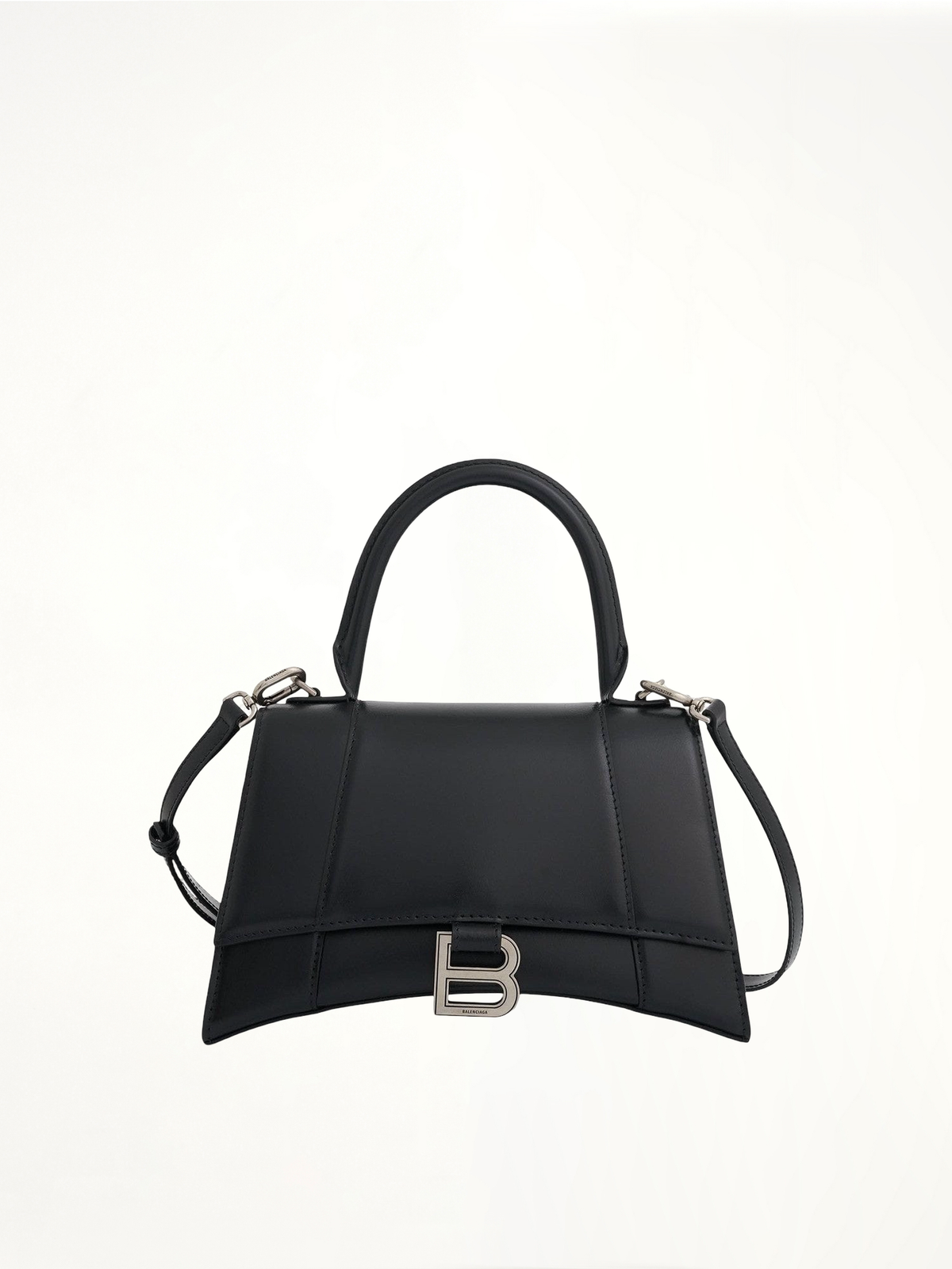 Hourglass Small Handbag in Box Calfskin in Black with Silver Plaque
