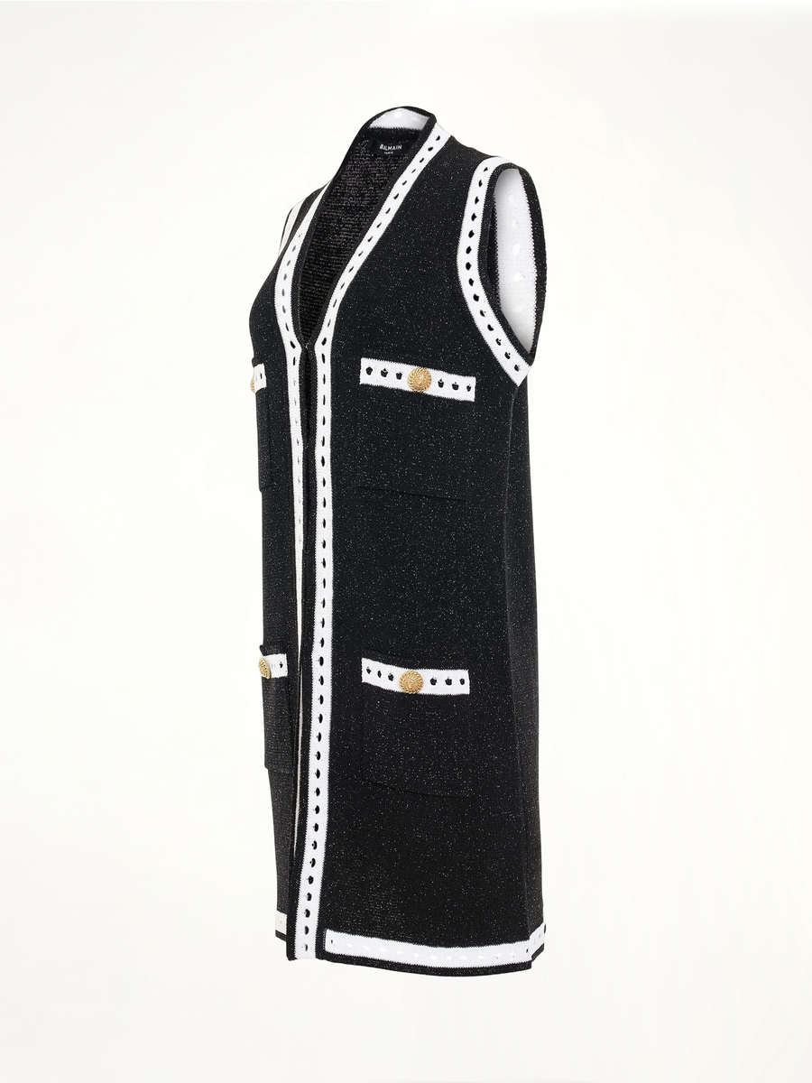 Sleeveless Lace Knit Long Cardigan in Black