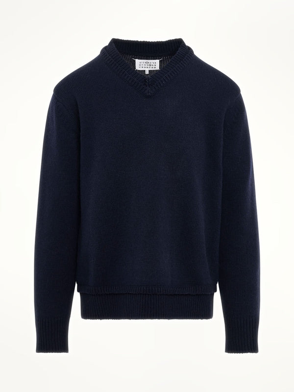Maison Margiela Elbow Patch V-Neck Knit Sweater in Navy