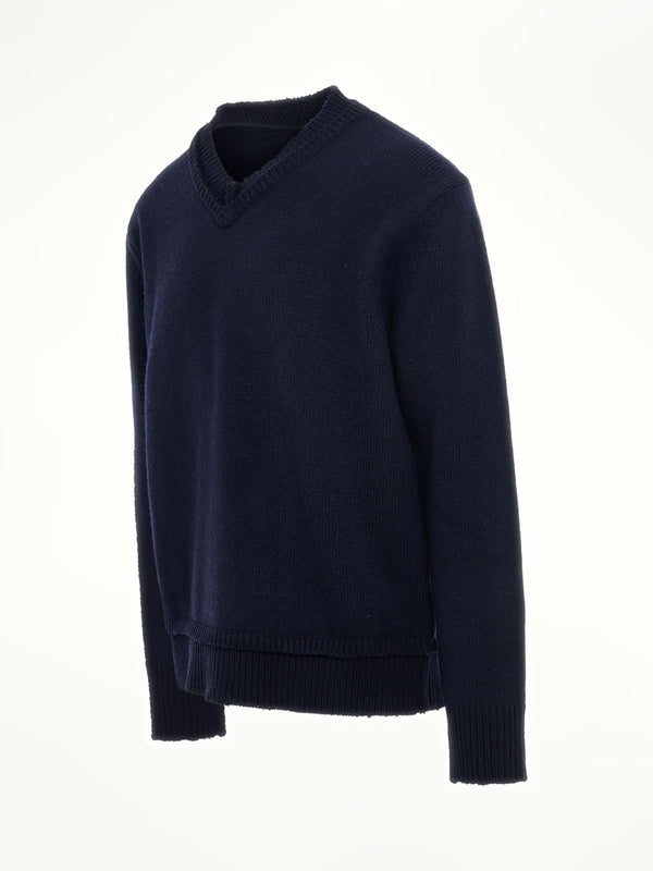 Maison Margiela Elbow Patch V-Neck Knit Sweater in Navy