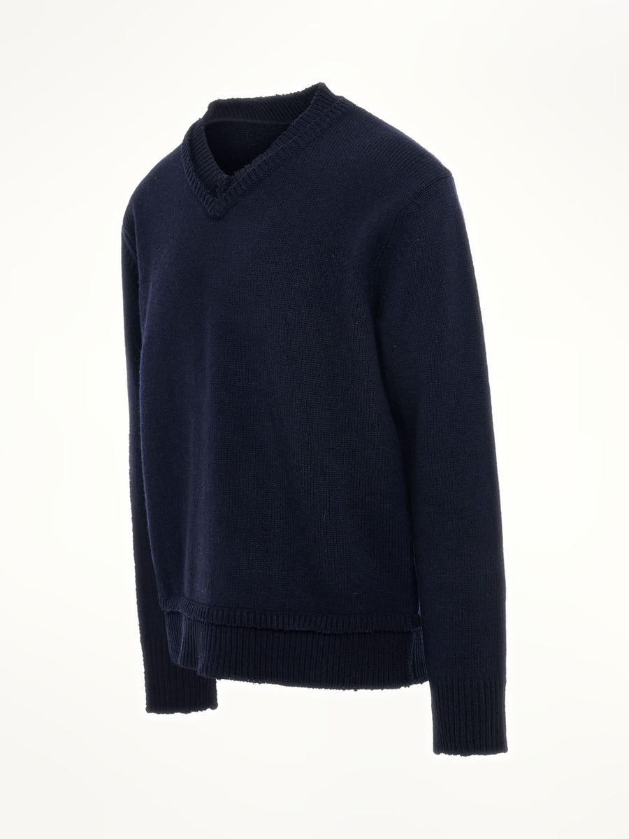Maison Margiela Elbow Patch V-Neck Knit Sweater in Navy