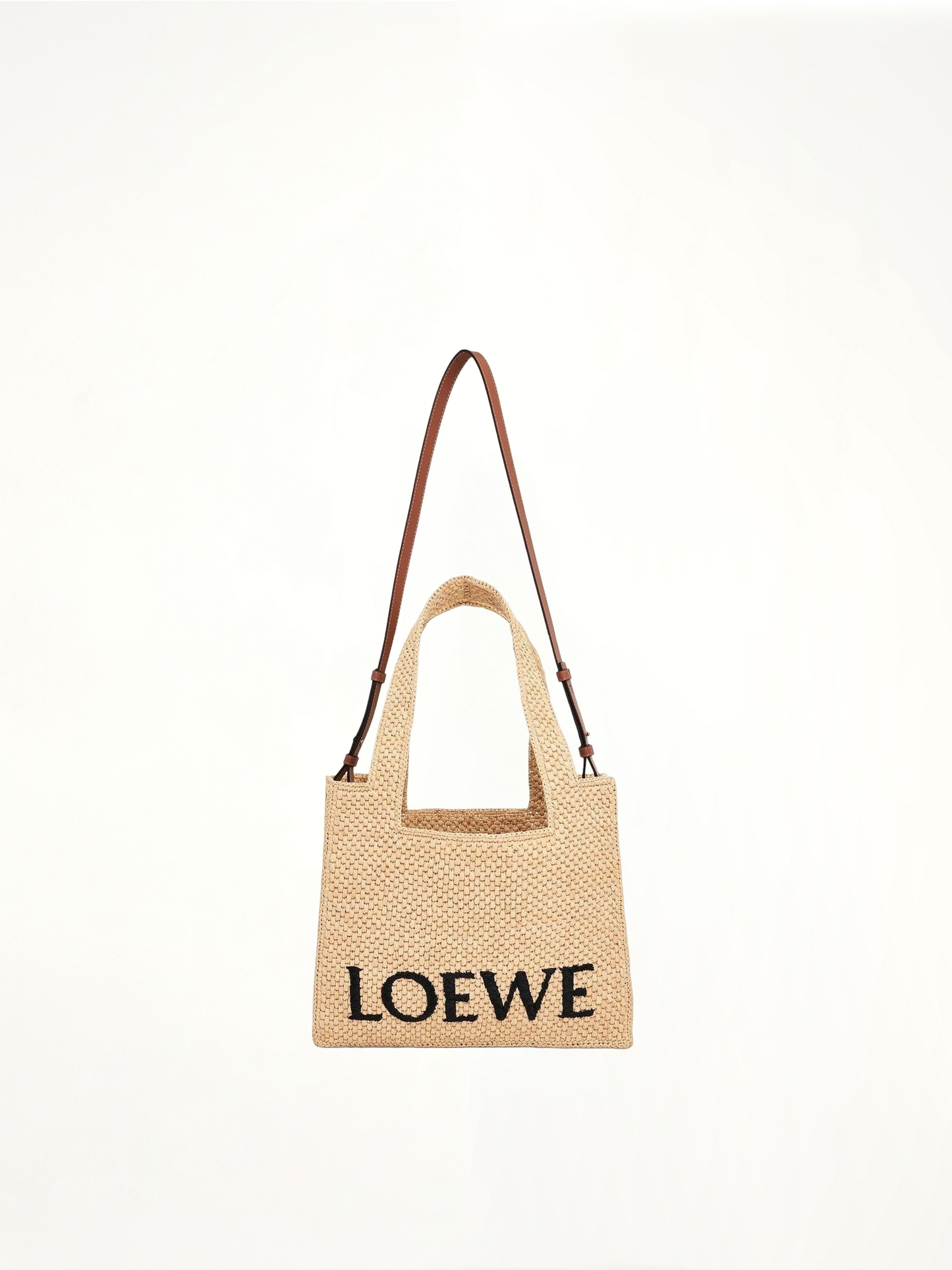 Medium Logo Font Tote Bag in Raffia and Calfskin in Natural