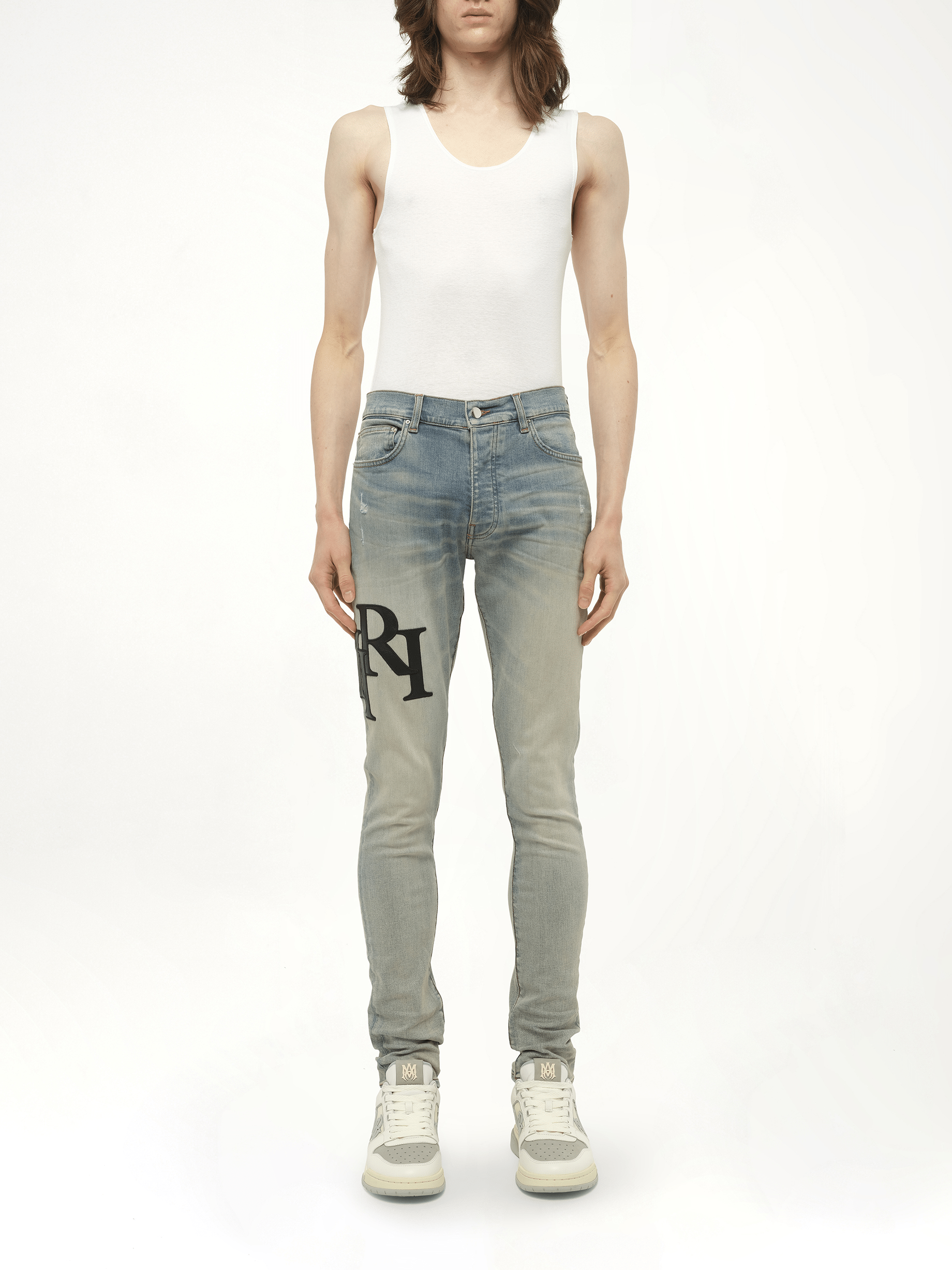 Staggered Logo Skinny Jeans in Antique Indigo/Black