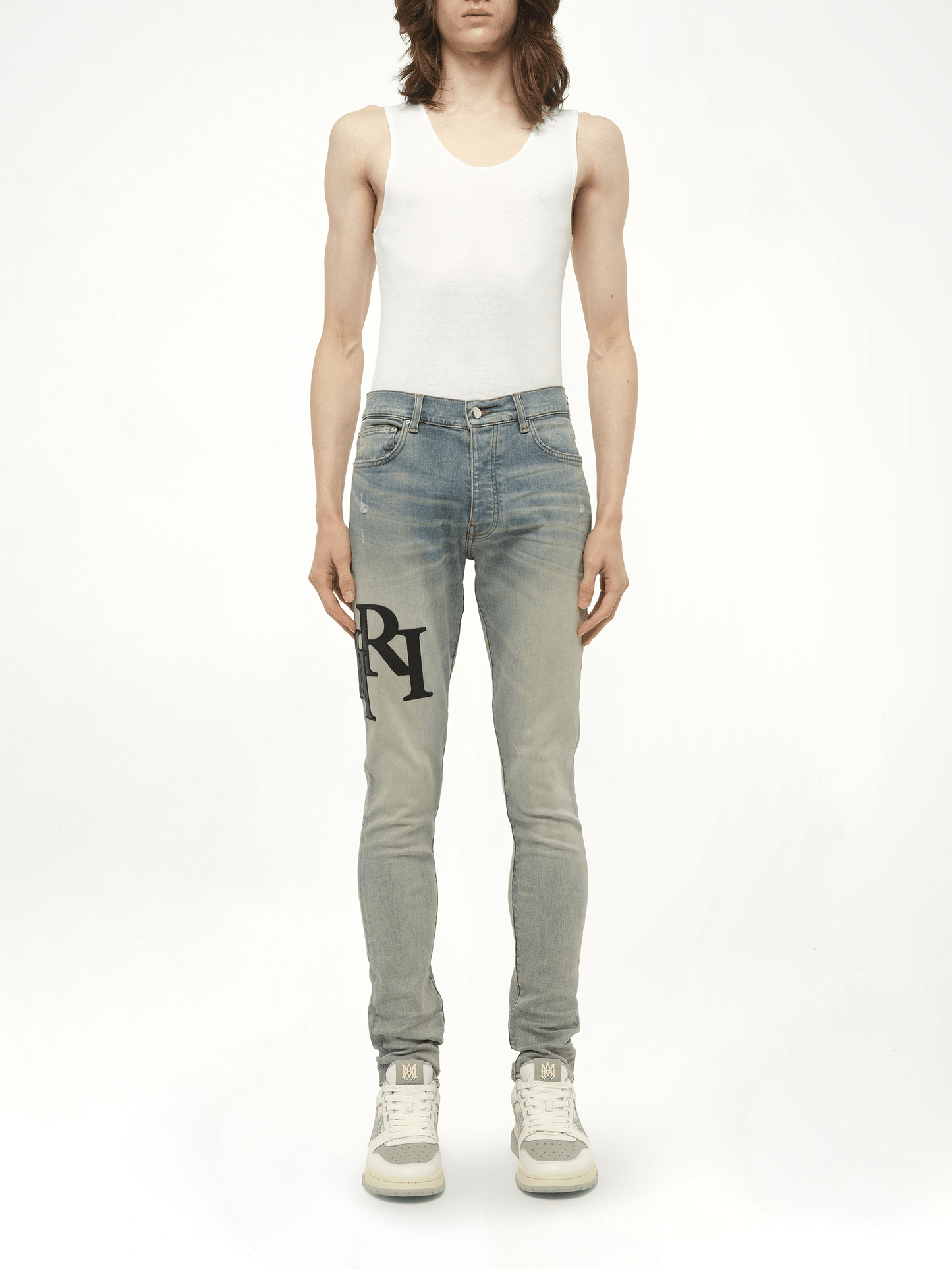 Staggered Logo Skinny Jeans in Antique Indigo/Black