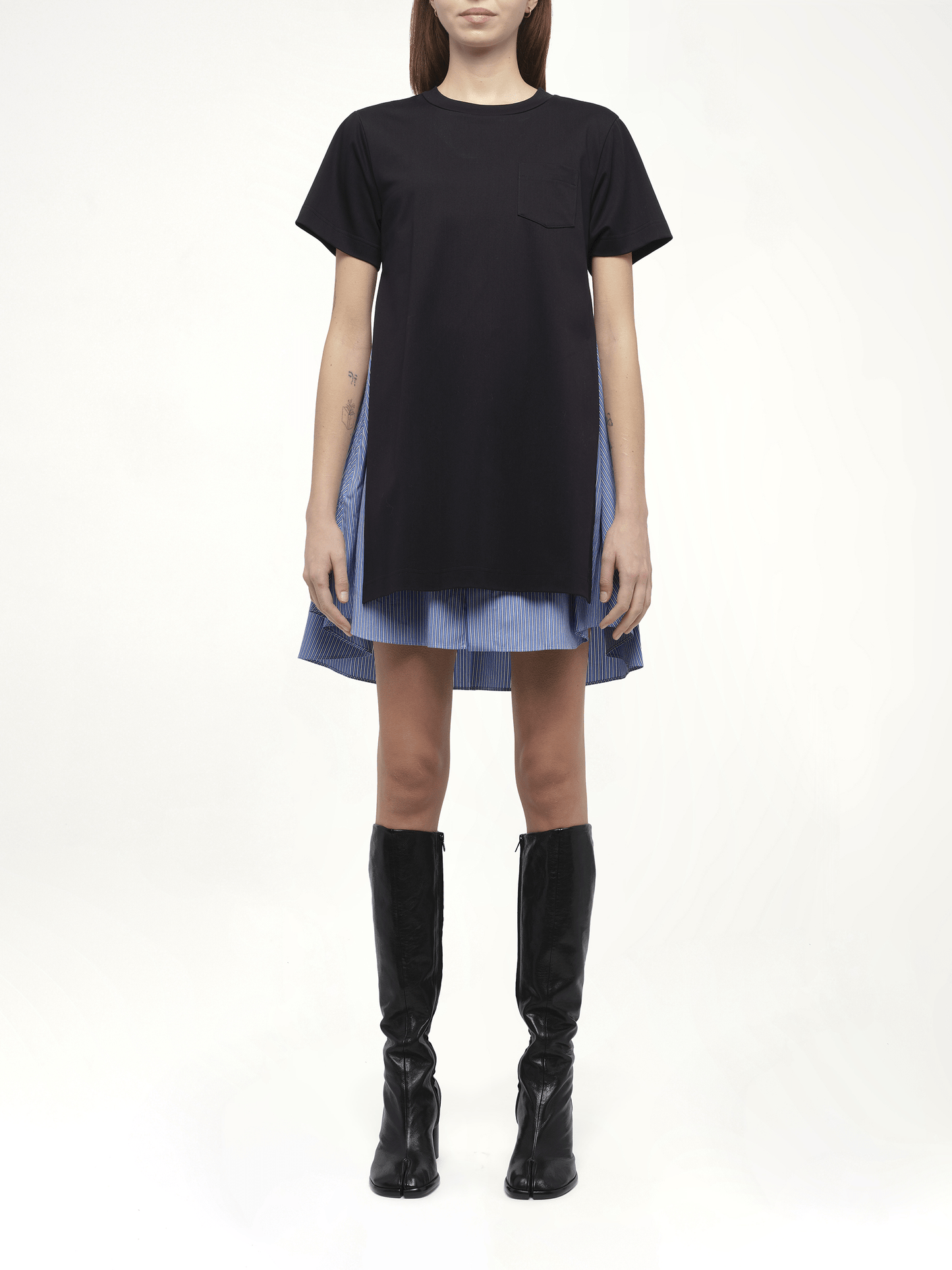 Poplin x Cotton Jersey Dress in Navy/Blue Stripe