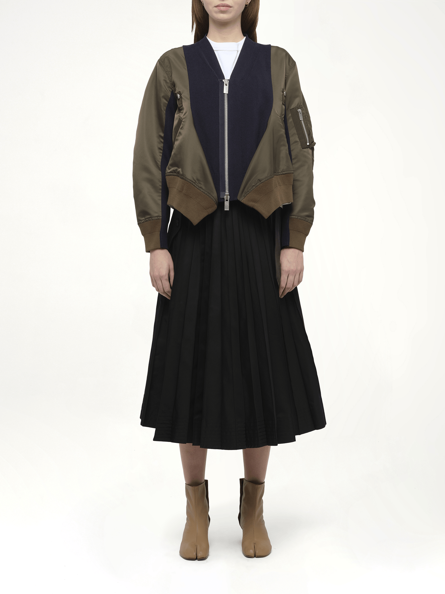 Nylon Twill x Knit Cardigan in Dark Khaki/Navy