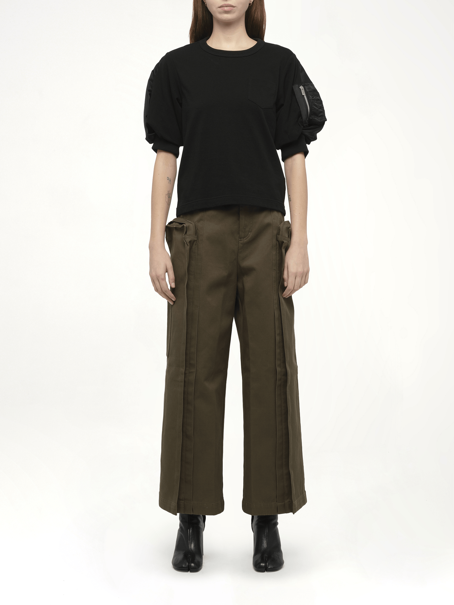 Nylon Twill x Cotton Jersey T-Shirt in Black/Black