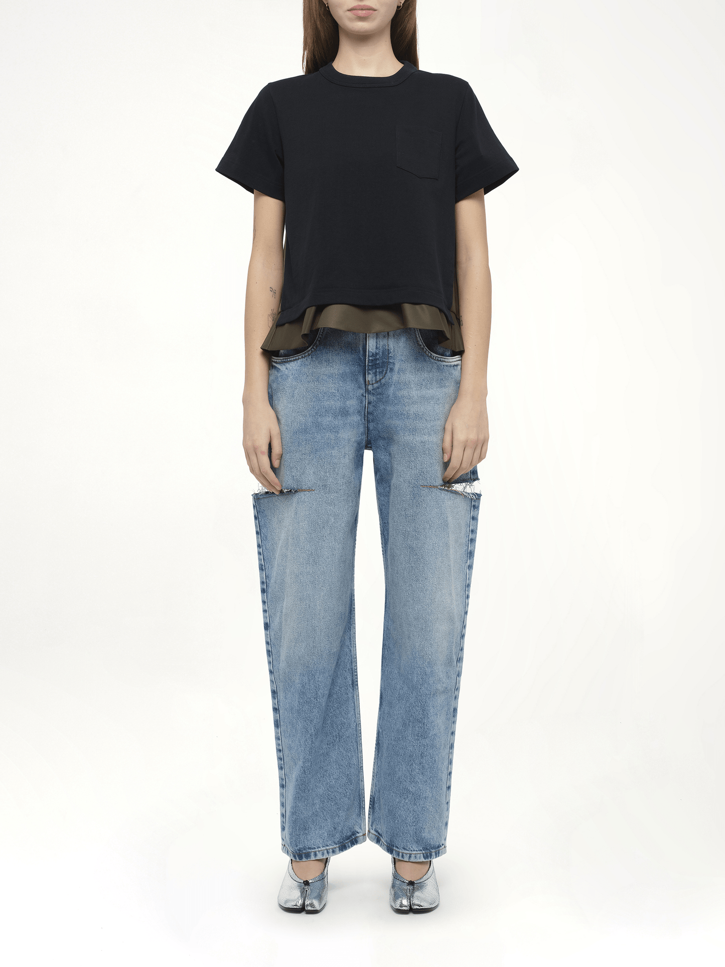 Nylon Twill x Cotton Jersey T-Shirt in Navy/Dark Khaki