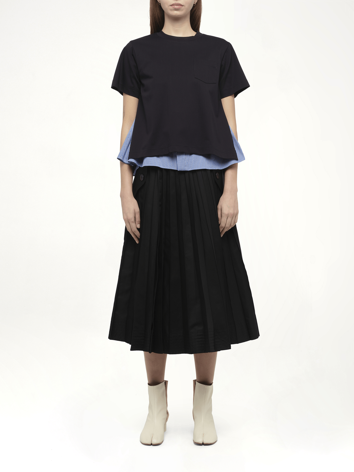 Poplin x Cotton Jersey T-Shirt in Navy/Blue Stripe