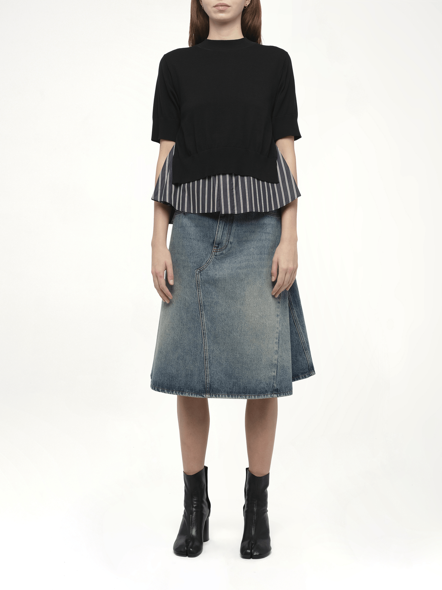 Poplin x Knit Pullover in Black/Dark Navy Stripe