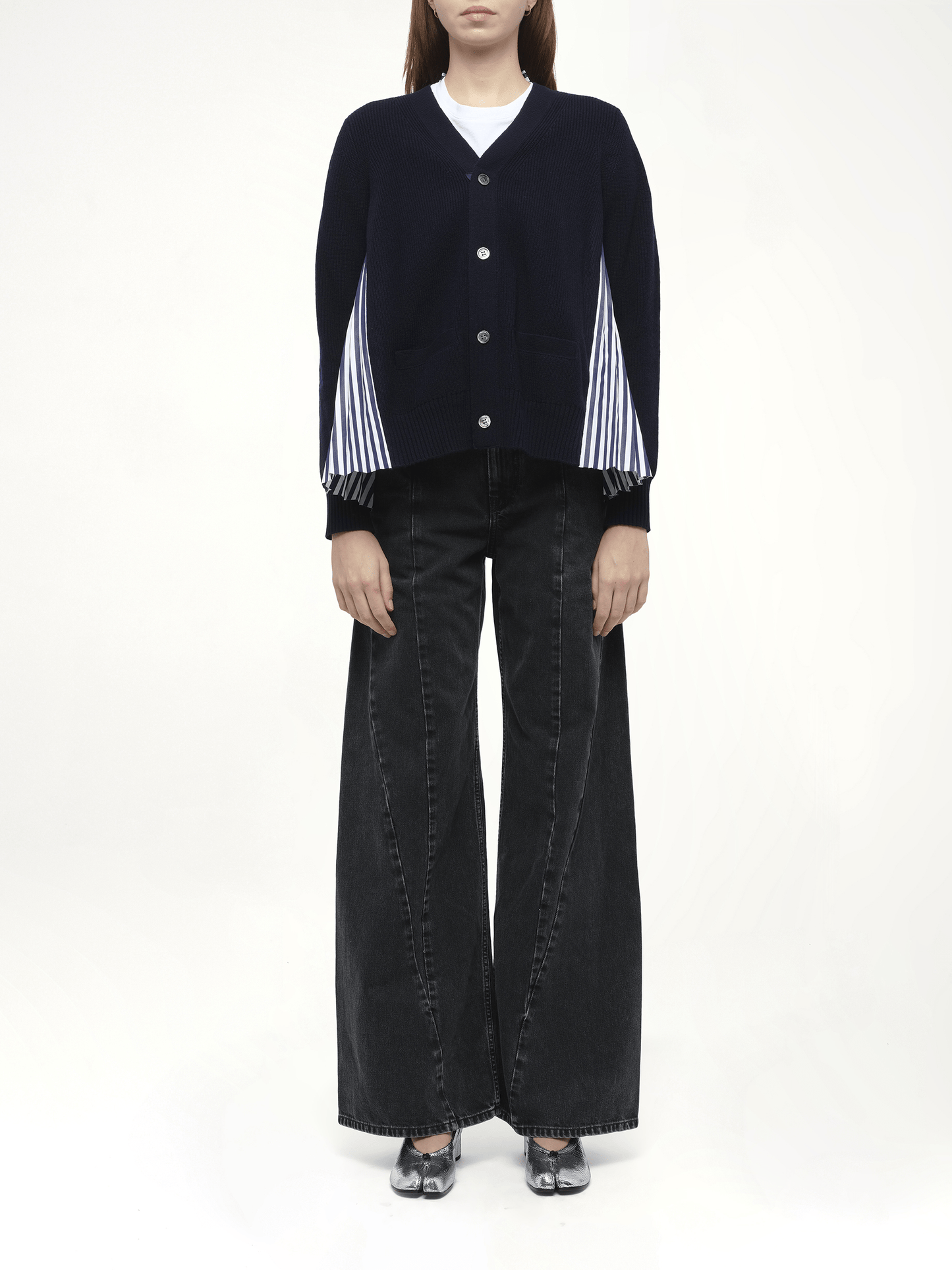 Wool Knit x Cotton Poplin Cardigan in Navy/NavyStripe