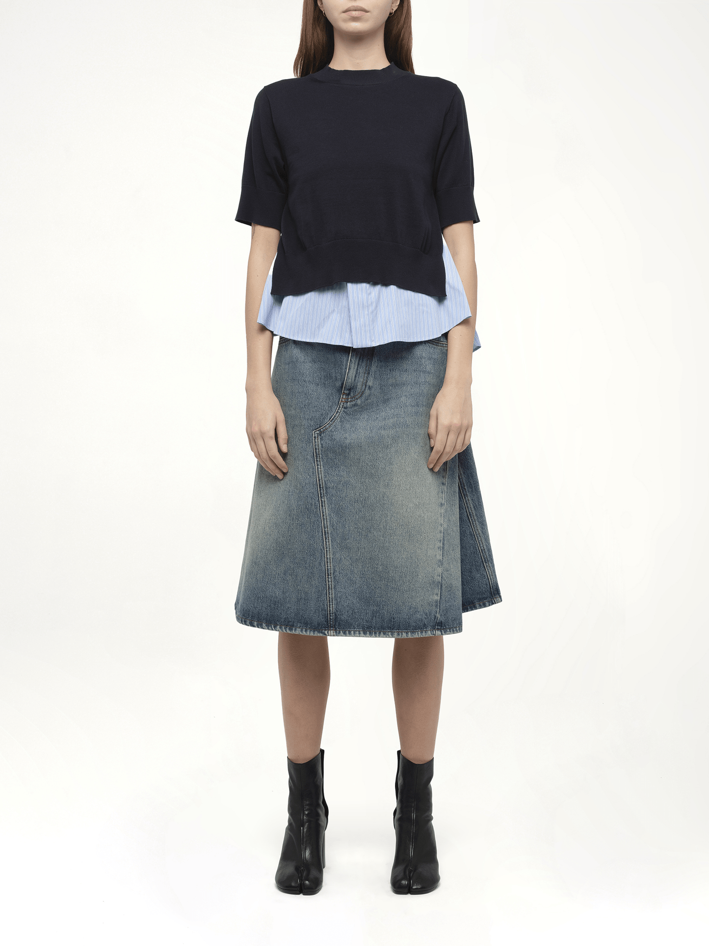 Poplin x Knit Pullover in Navy/Light Blue Stripe