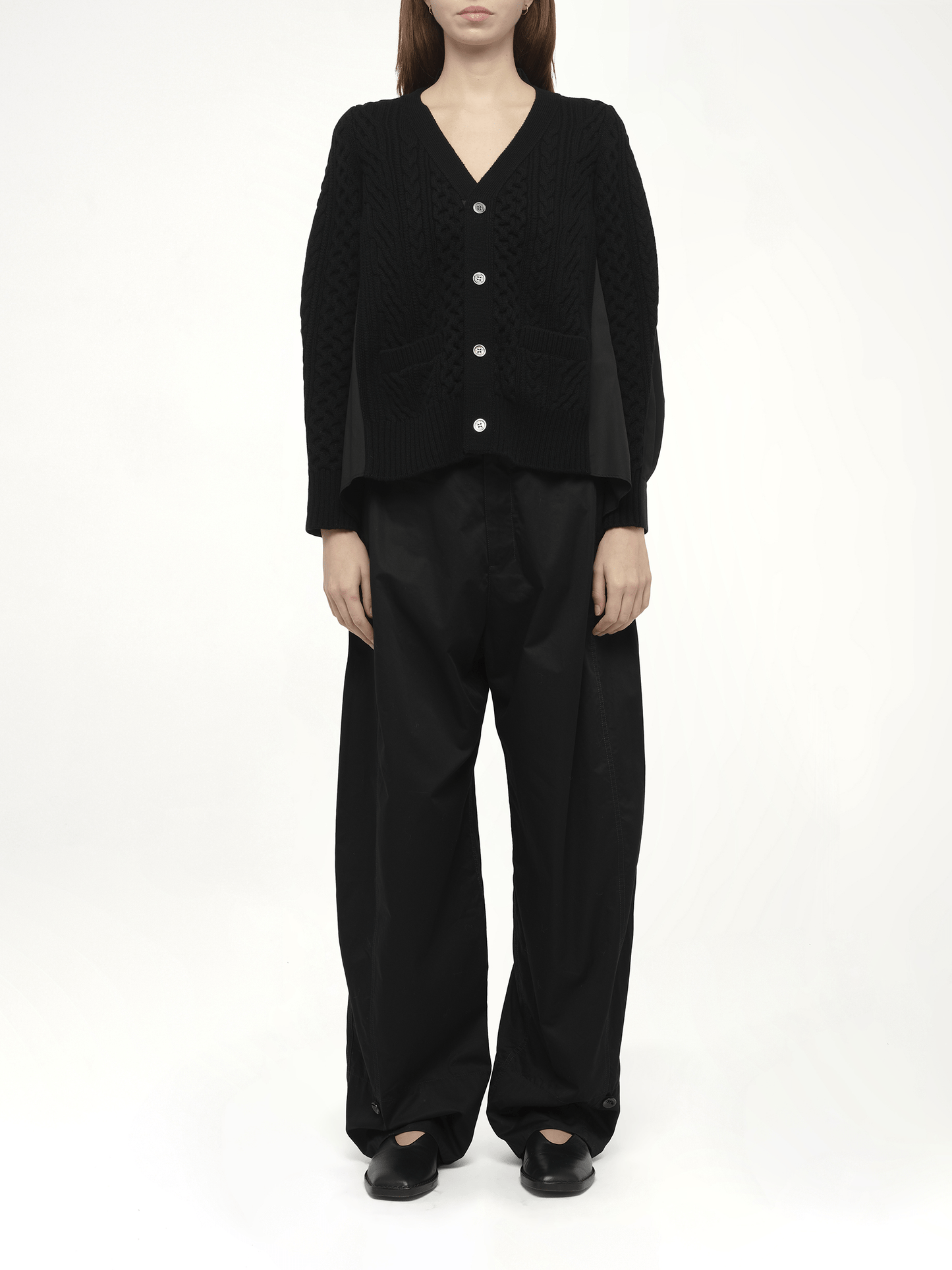 Wool Knit x Cotton Poplin Cardigan in Black/Black