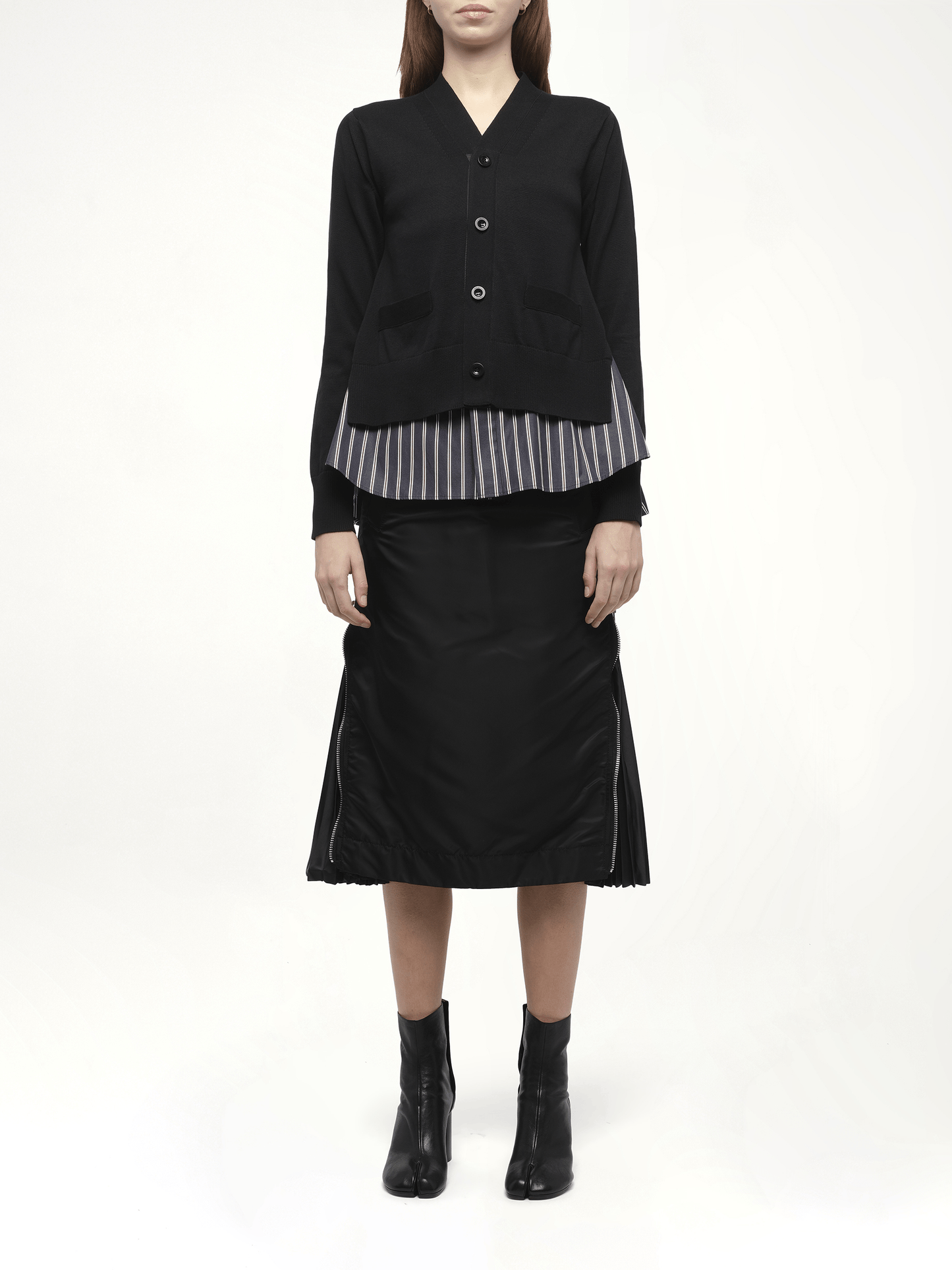 Poplin x Knit Cardigan in Black/Dark Navy Stripe