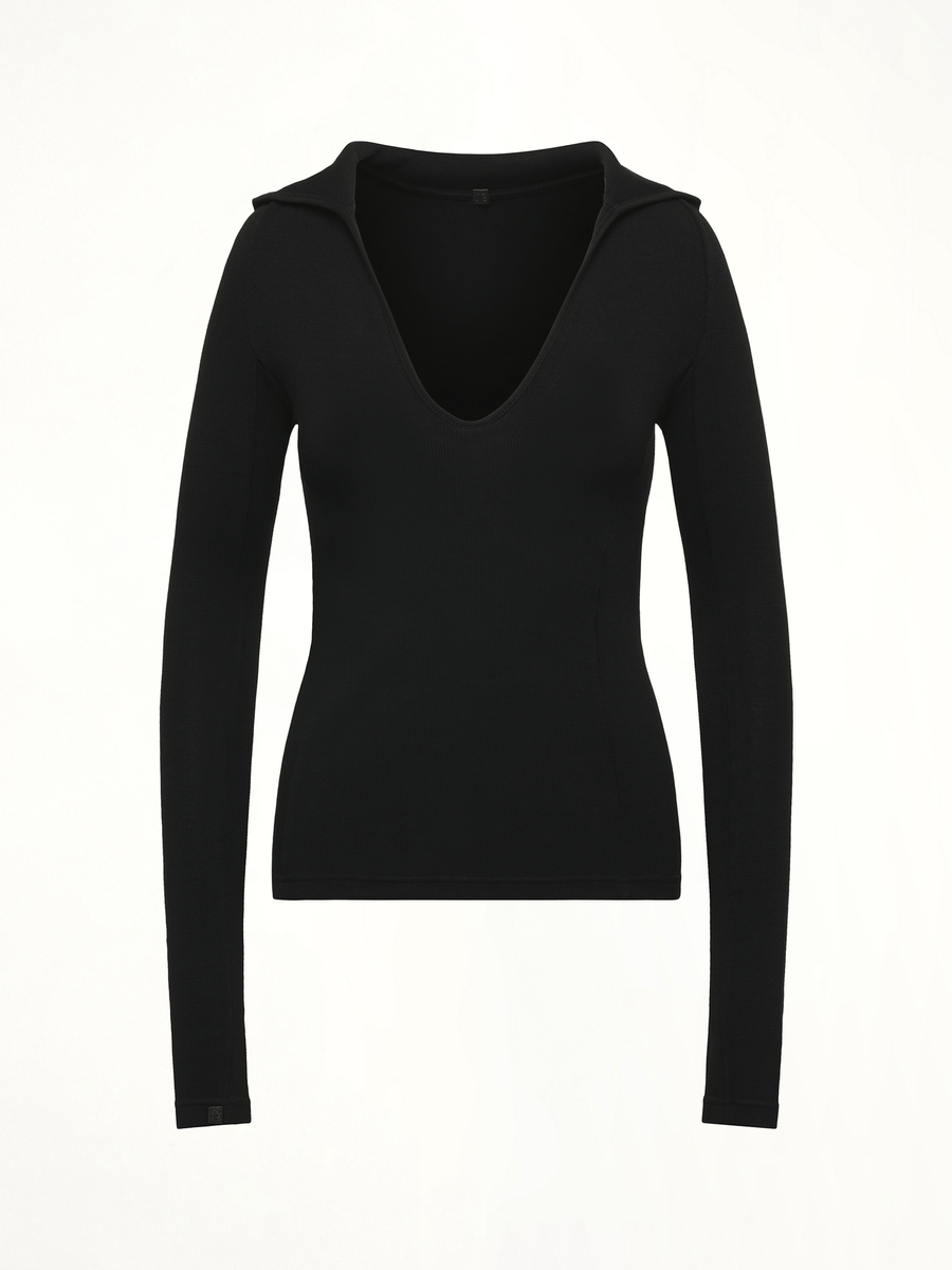 Hooded V-Neck Long Sleeve Top in Black