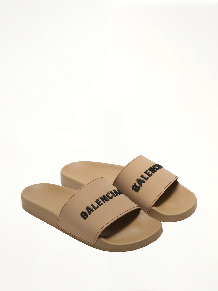 3D Logo Rubber Pool Slide Sandal in Beige/Black Front View | BALENCIAGA