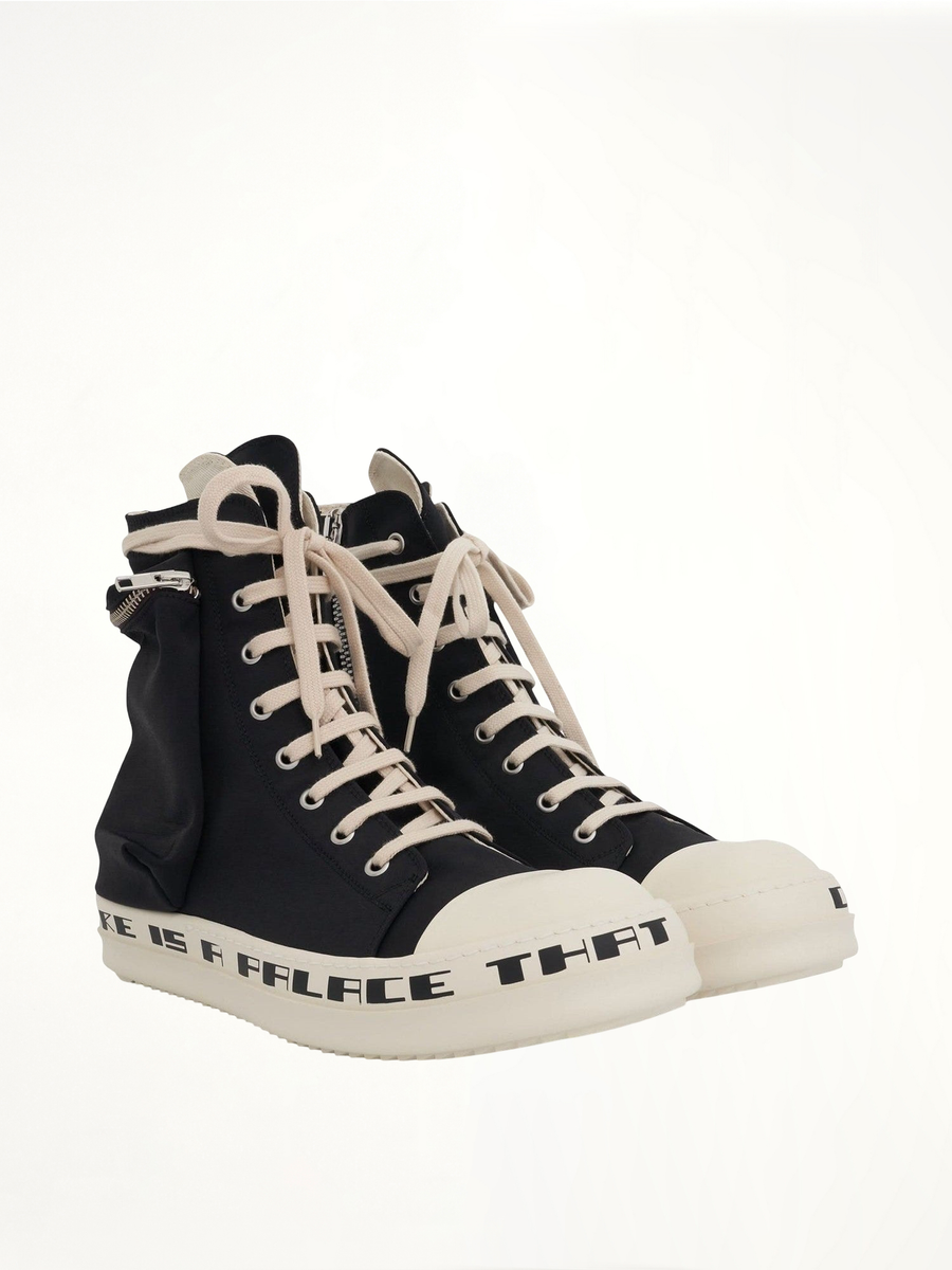 Cargo High Sneaker with Tears Bumper in Black/Milk Front View | RICK OWENS DRKSHDW