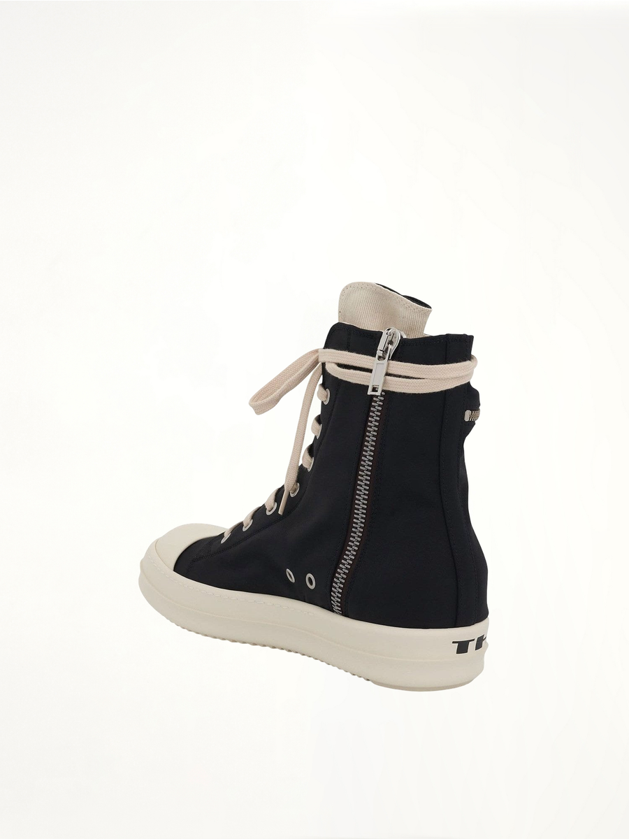 Cargo High Sneaker with Tears Bumper in Black/Milk Back View | RICK OWENS DRKSHDW