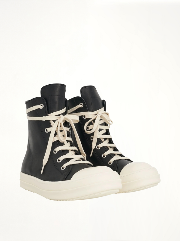 Washed Calf High Sneaker in Black/Milk Front View | RICK OWENS