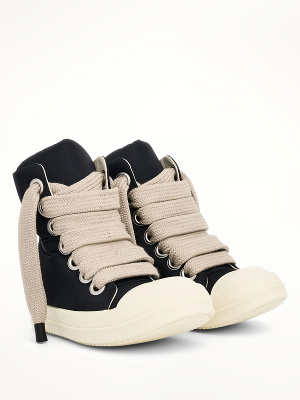 Jumbo Lace Puffer High Sneaker in Black/Pearl/Milk Front View | RICK OWENS DRKSHDW