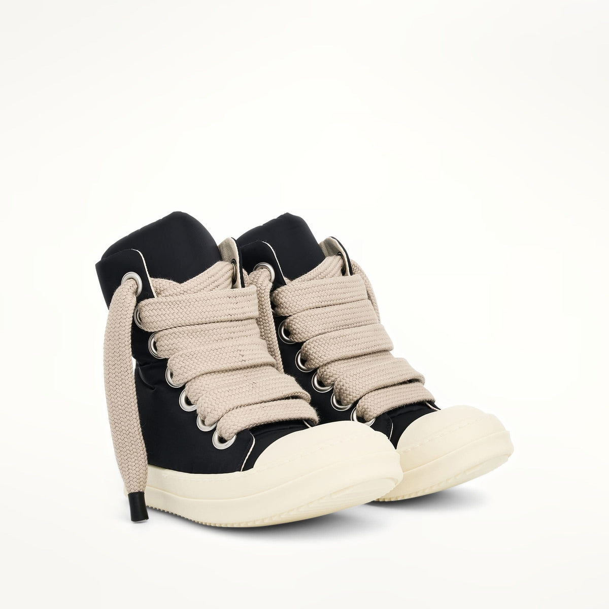 Jumbo Lace Puffer High Sneaker in Black/Pearl/Milk Front View | RICK OWENS DRKSHDW