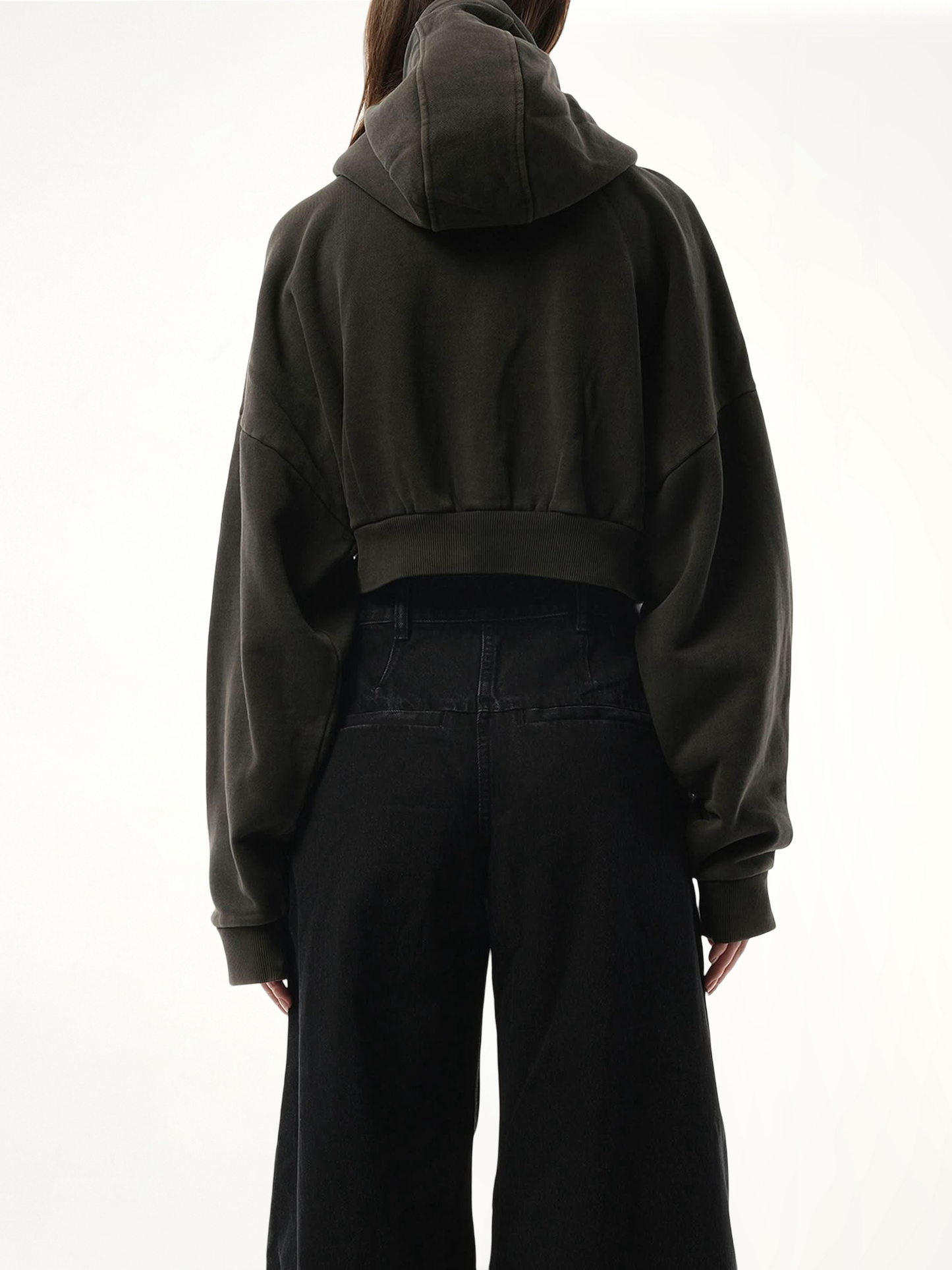 Cropped Full Zip Hoodie in Washed Black