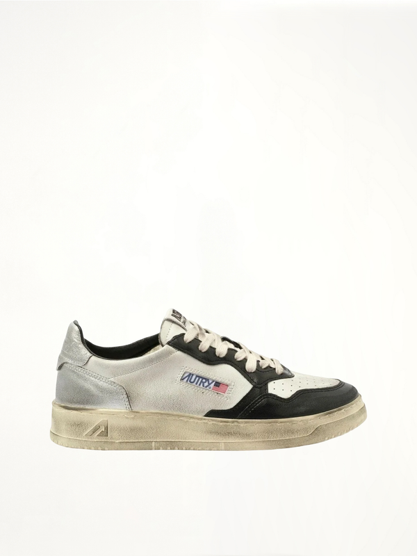 Sup Vint Low Sneakers in White/Black/Silver Side View | AUTRY