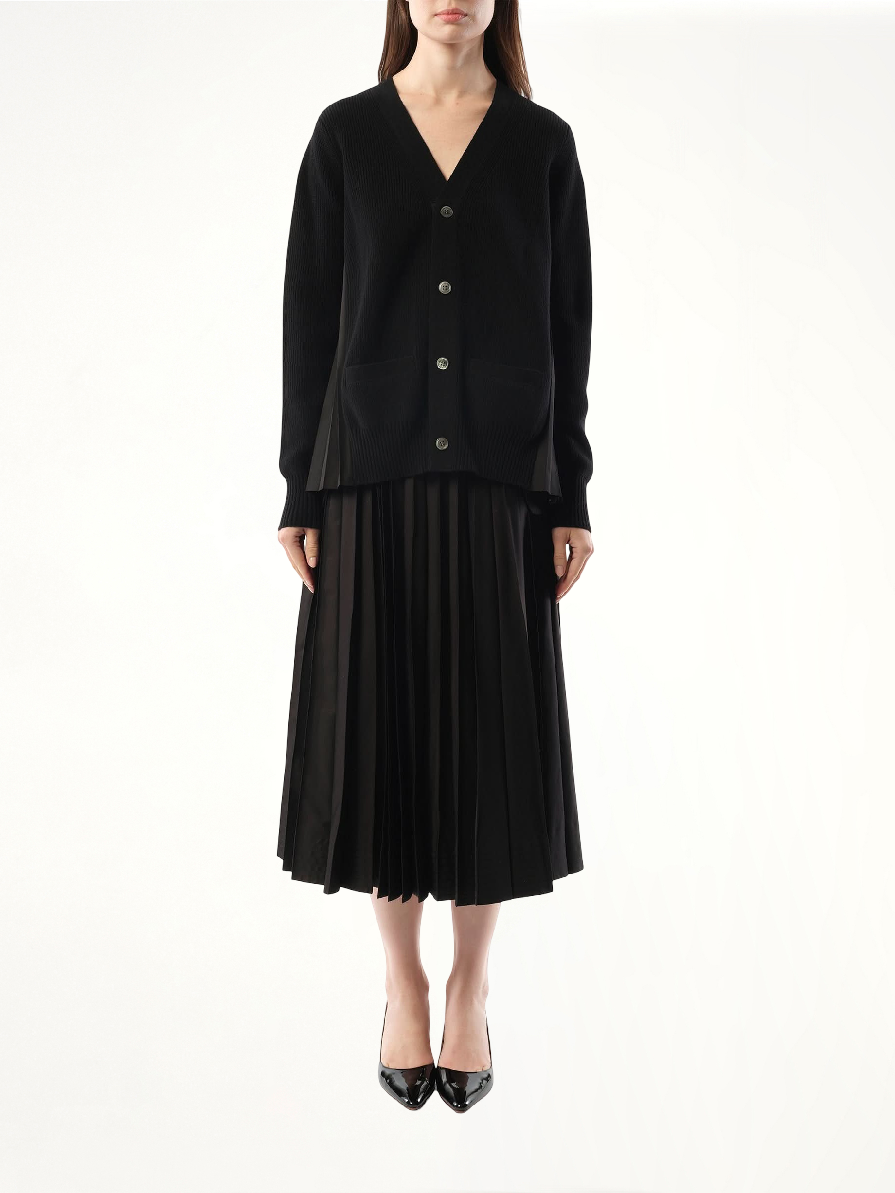 Wool Knit x Cotton Poplin Cardigan in Black