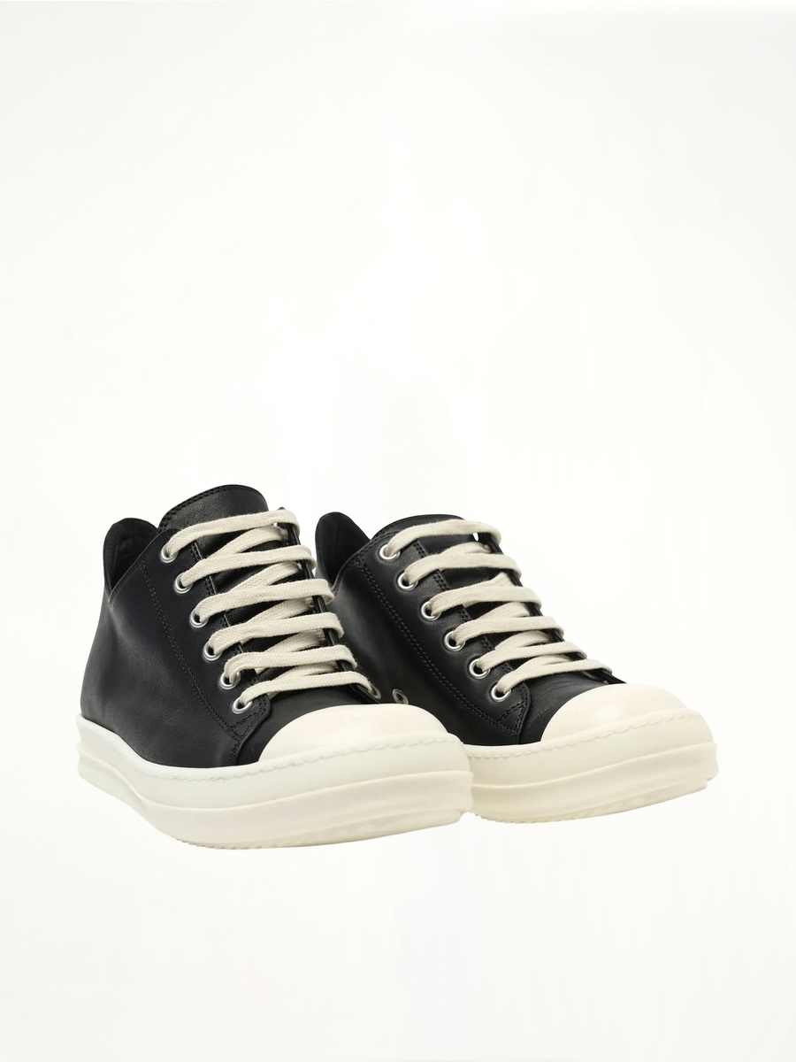 Washed Calf Low Sneaks in Black/Milk Front View | RICK OWENS