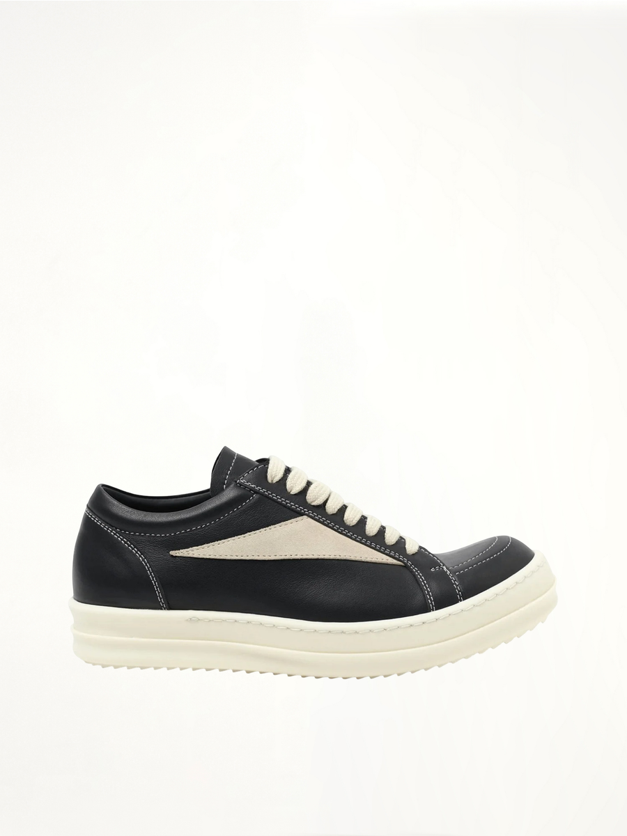 Full Grain Leather Vintage Sneaker in Black/Milk Side View | RICK OWENS