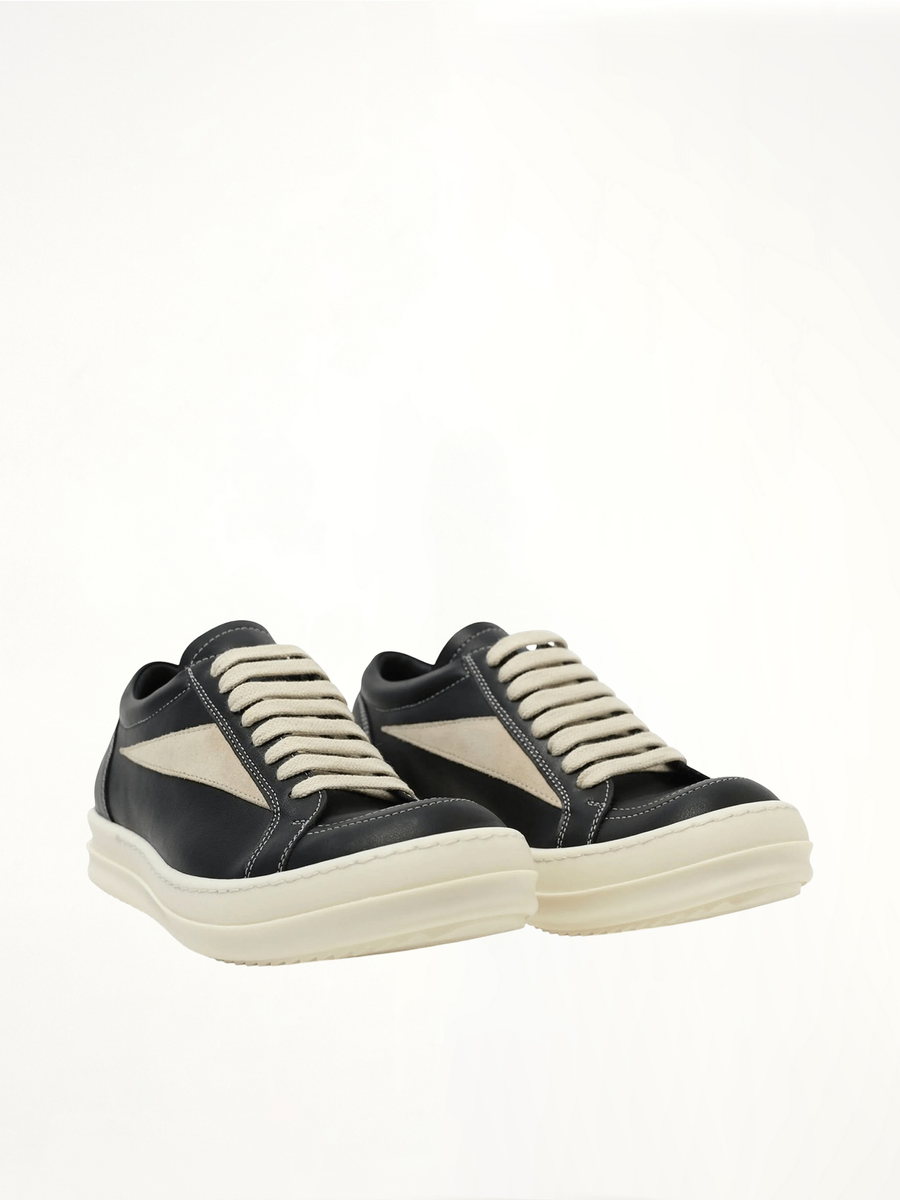 Full Grain Leather Vintage Sneaker in Black/Milk Front View | RICK OWENS