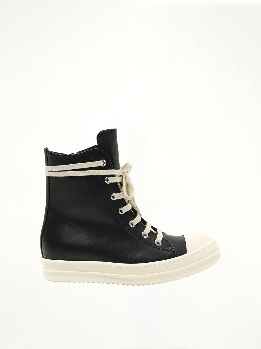 Washed Calf Sneaker in Black/Milk Side View | RICK OWENS
