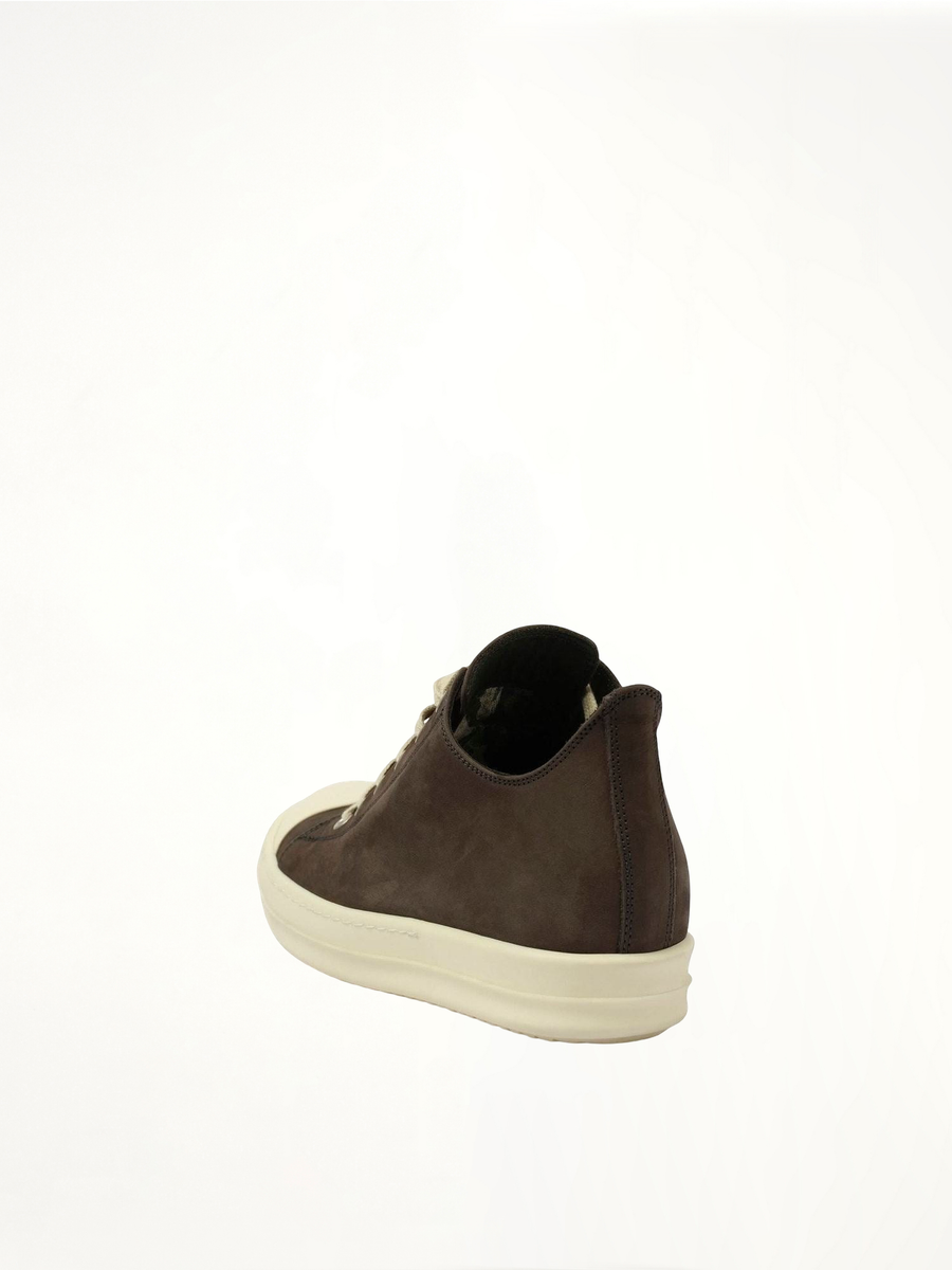 Grey Wolf Nubuk Low Sneaker in Dark Dust/Milk Back View | RICK OWENS