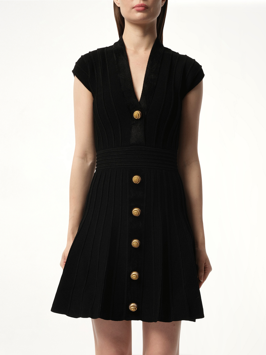 Button V-Neck Velvet Flare Short Dress in Black