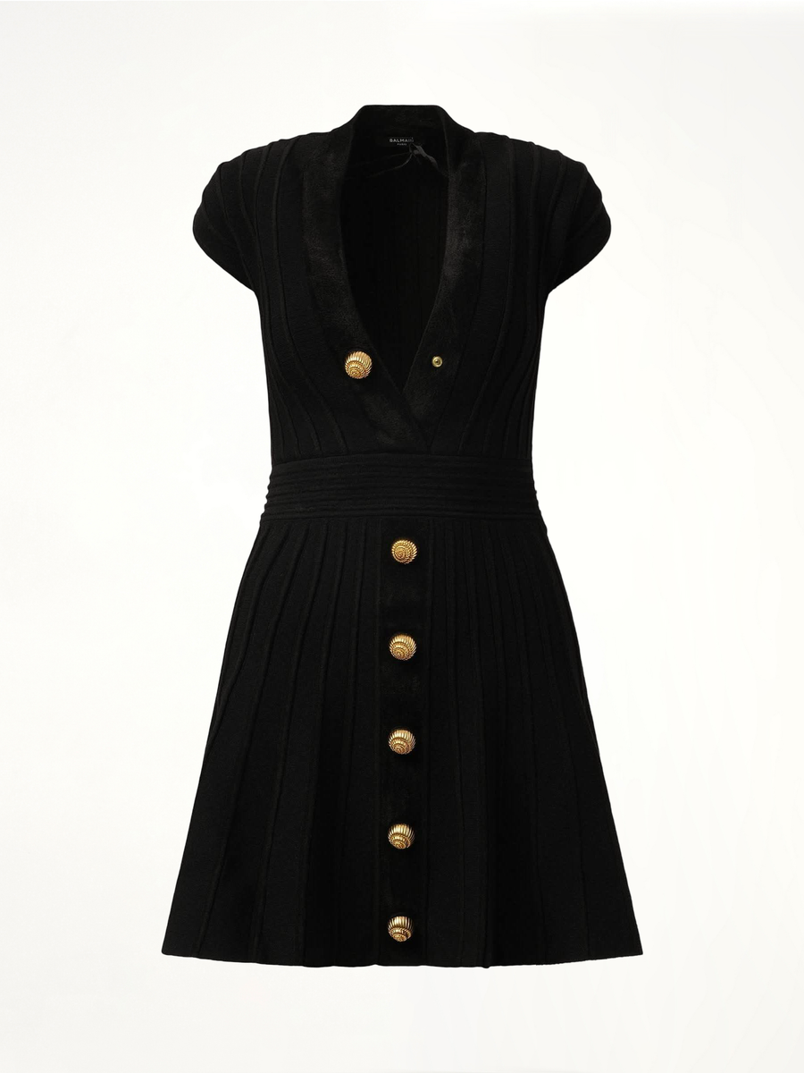 Button V-Neck Velvet Flare Short Dress in Black