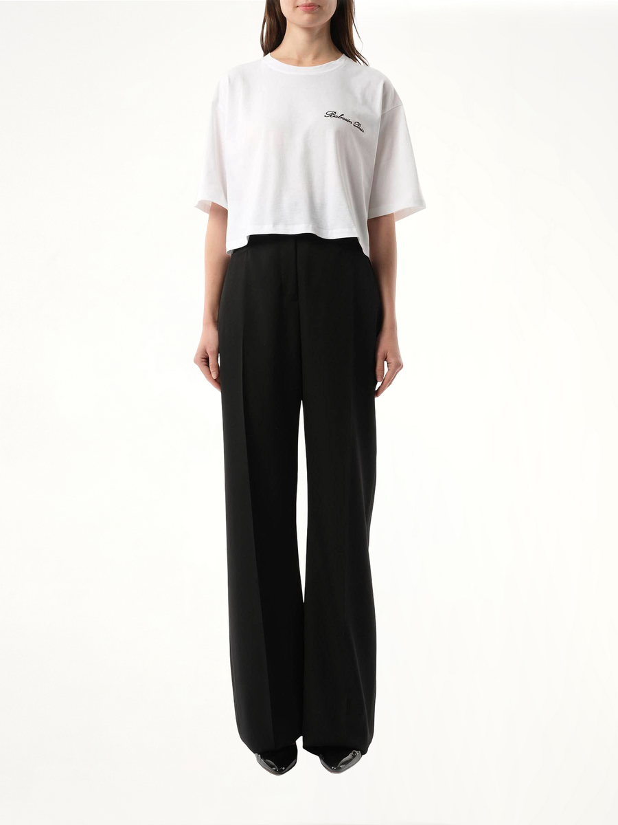 Balmain Signatured Embroidered Crop Top in White/Black