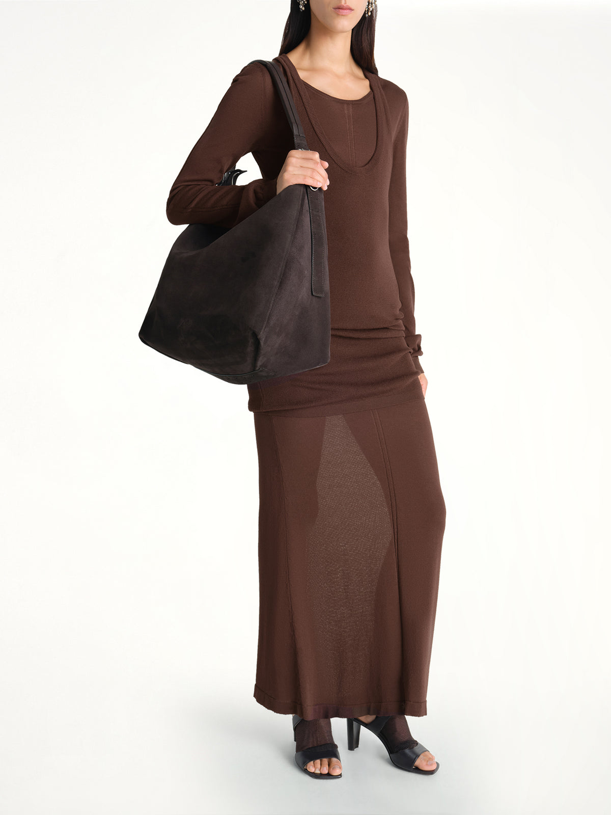 Belted Hobo Suede Bag in Ebony Brown