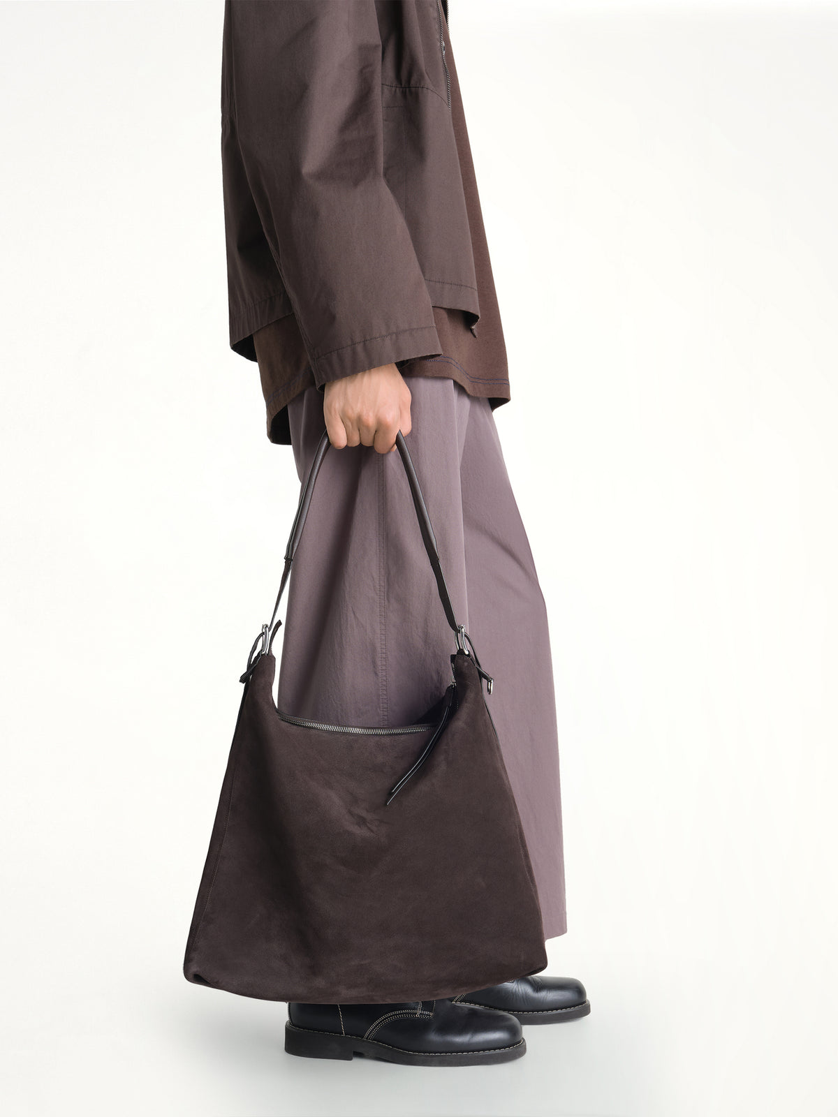 Belted Hobo Suede Bag in Ebony Brown