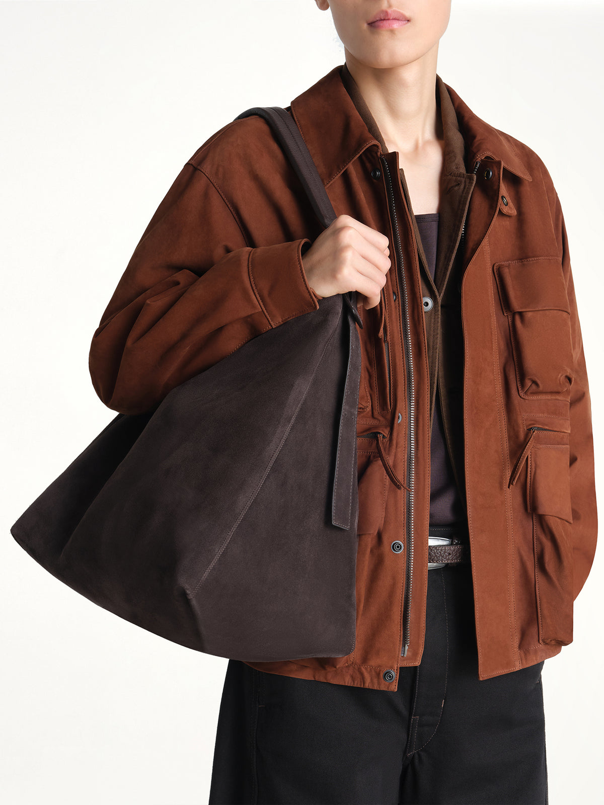 Belted Hobo Suede Bag in Ebony Brown