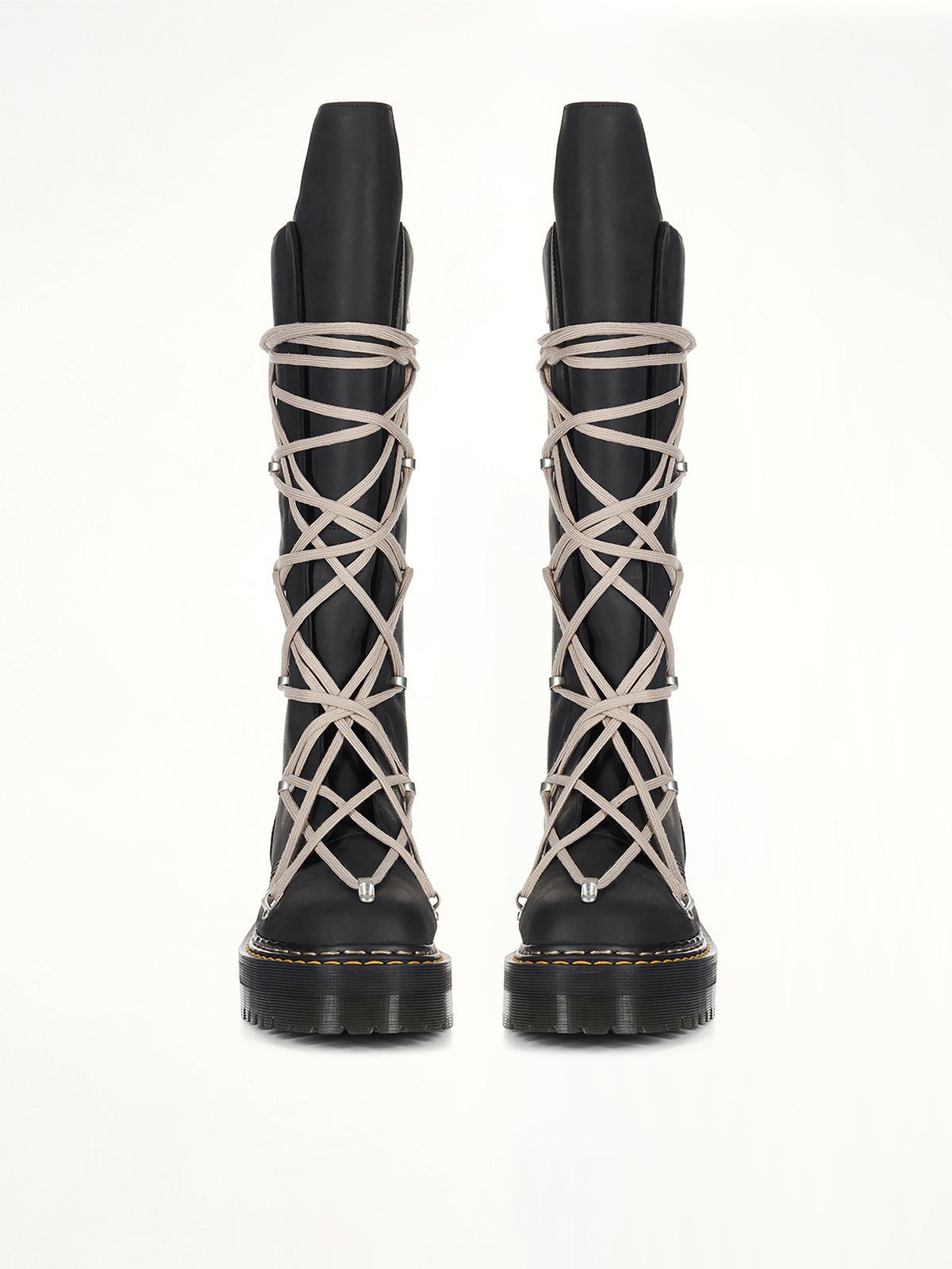 Rick Owens x Dr. Marten 1B60 Quad Sole Pentalace Boots in Black Back View | RICK OWENS