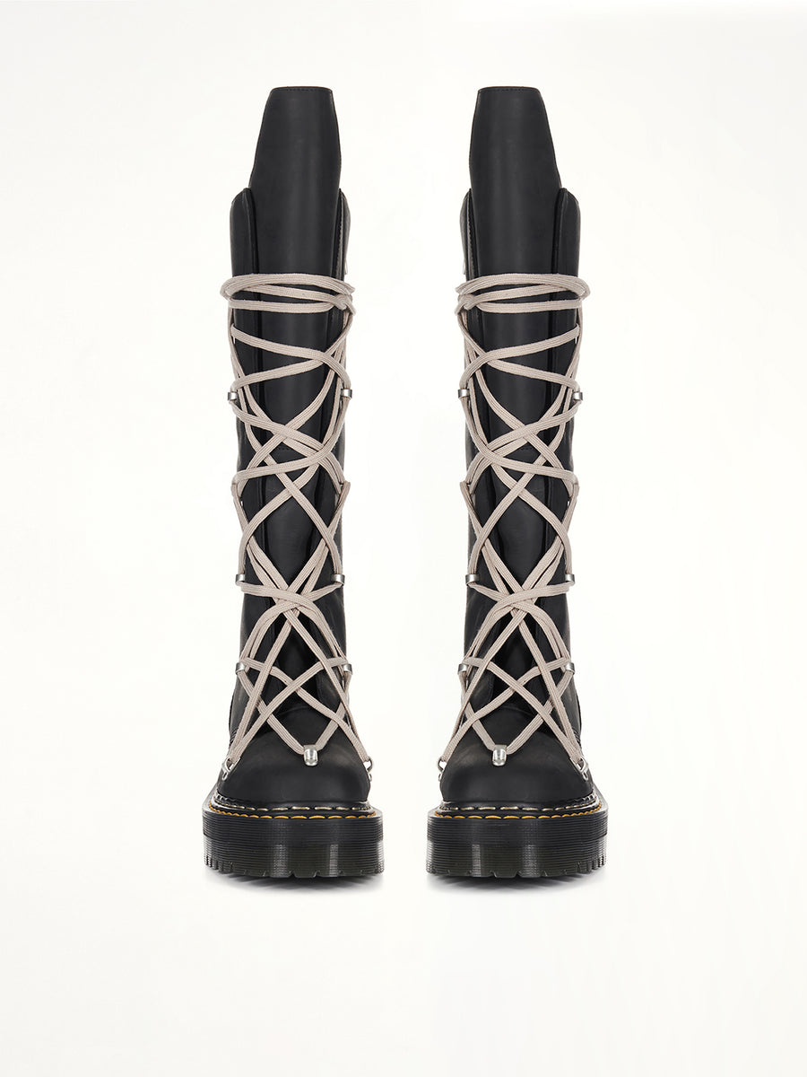 Rick Owens x Dr. Marten 1B60 Quad Sole Pentalace Boots in Black Back View | RICK OWENS