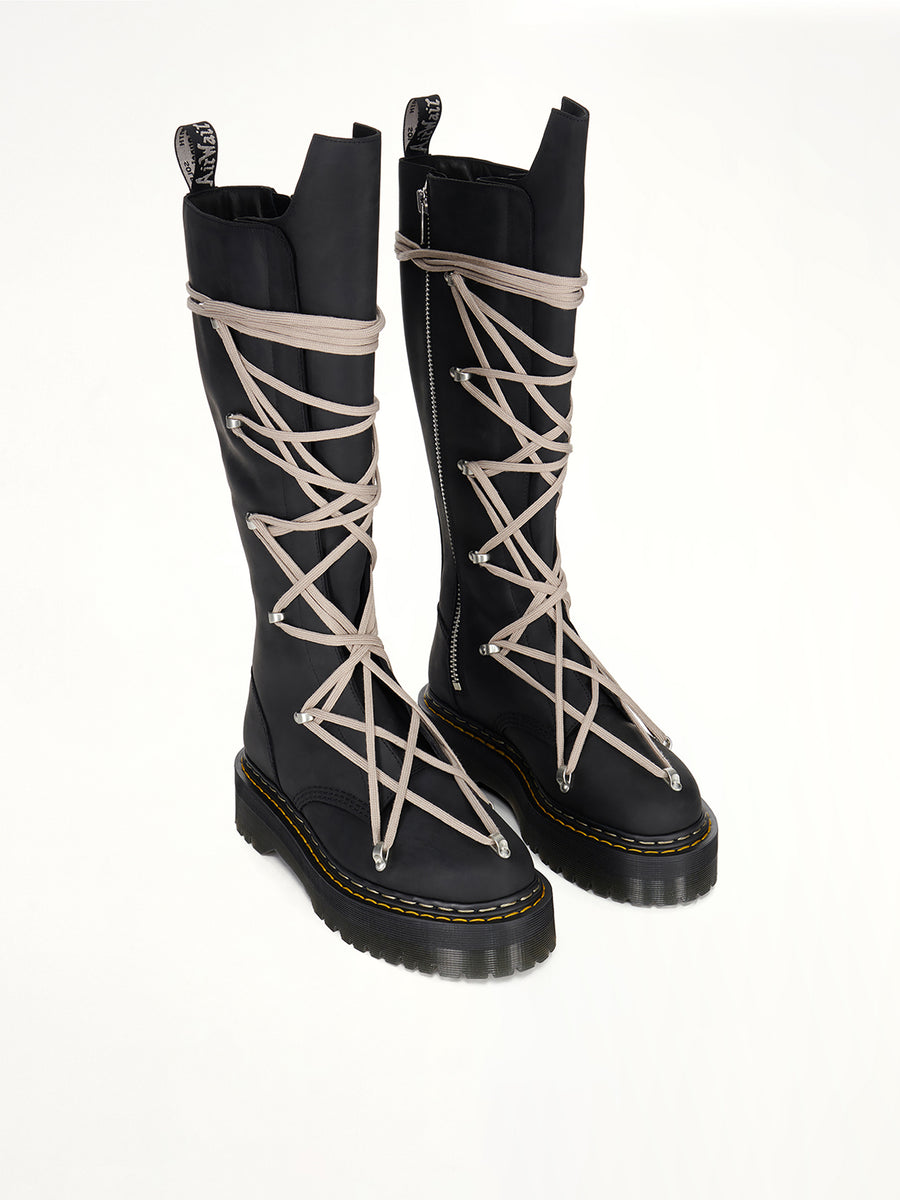 Rick Owens x Dr. Marten 1B60 Quad Sole Pentalace Boots in Black Front View | RICK OWENS