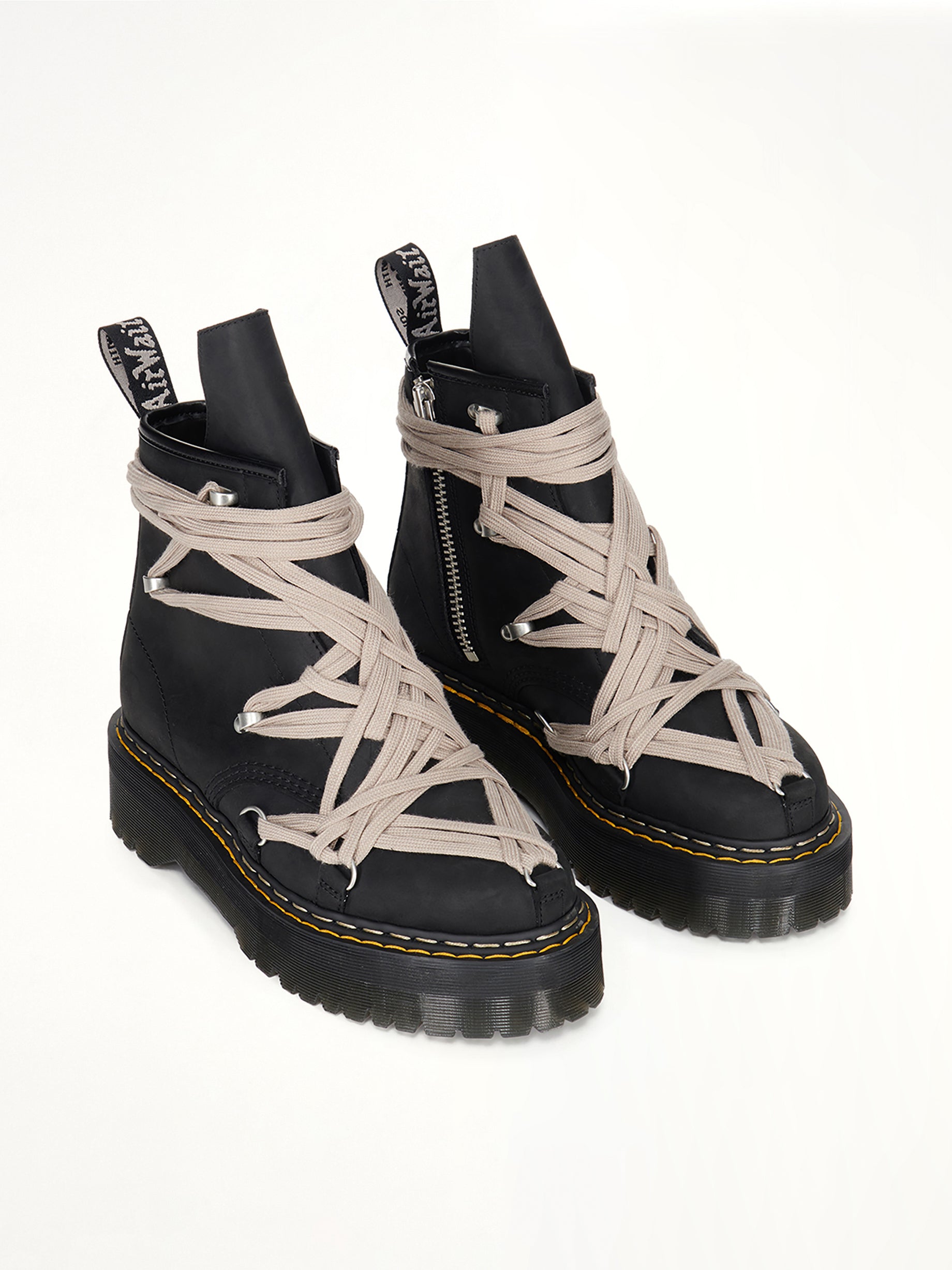 Rick Owens x Dr. Martens 1460 Quad Sole Megalace Boots in Black Front View | RICK OWENS