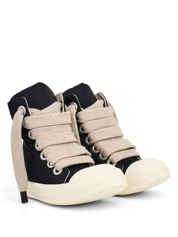 Jumbo Lace Puffer High Sneaker in Black/Pearl/Milk Front View | RICK OWENS DRKSHDW