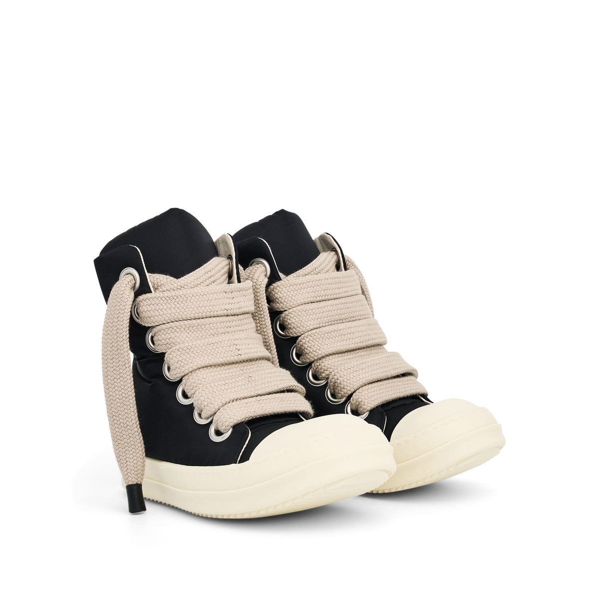 Jumbo Lace Puffer High Sneaker in Black/Pearl/Milk Front View | RICK OWENS DRKSHDW