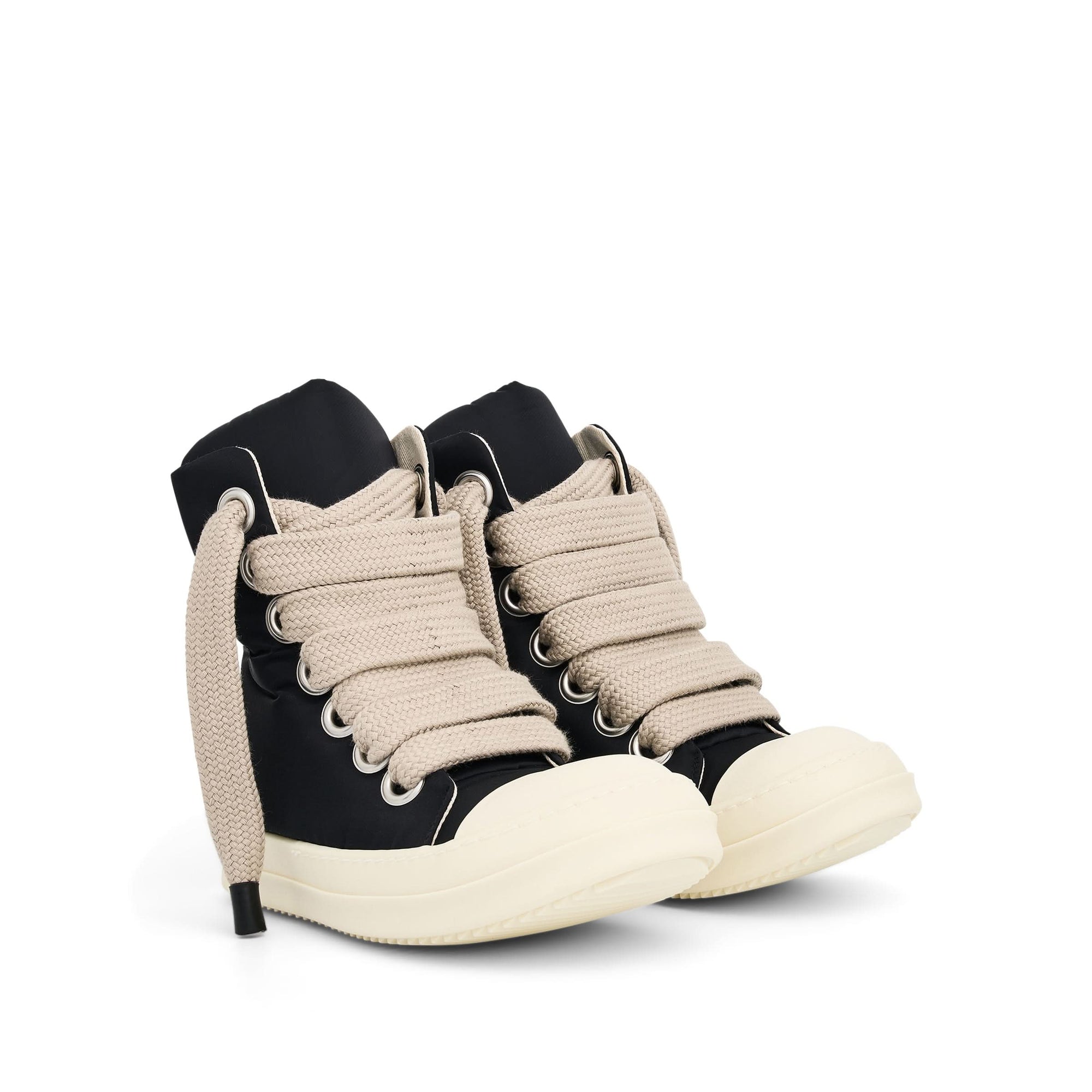 Jumbo Lace Puffer High Sneaker in Black/Pearl/Milk Front View | RICK OWENS DRKSHDW
