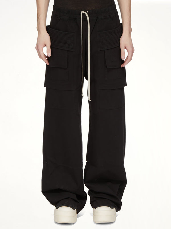 Cotton Twill Creatch Wide Cargo Drawstring Pants in Black