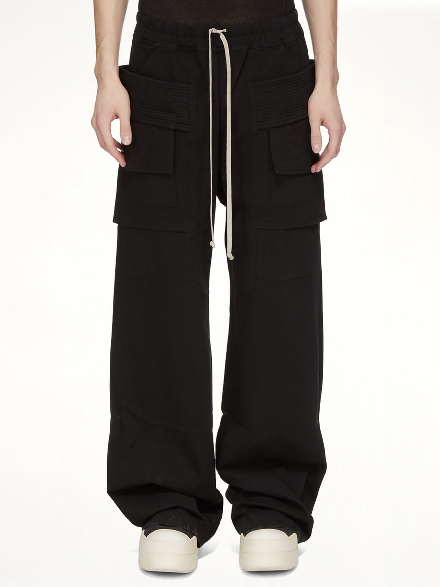 Cotton Twill Creatch Wide Cargo Drawstring Pants in Black