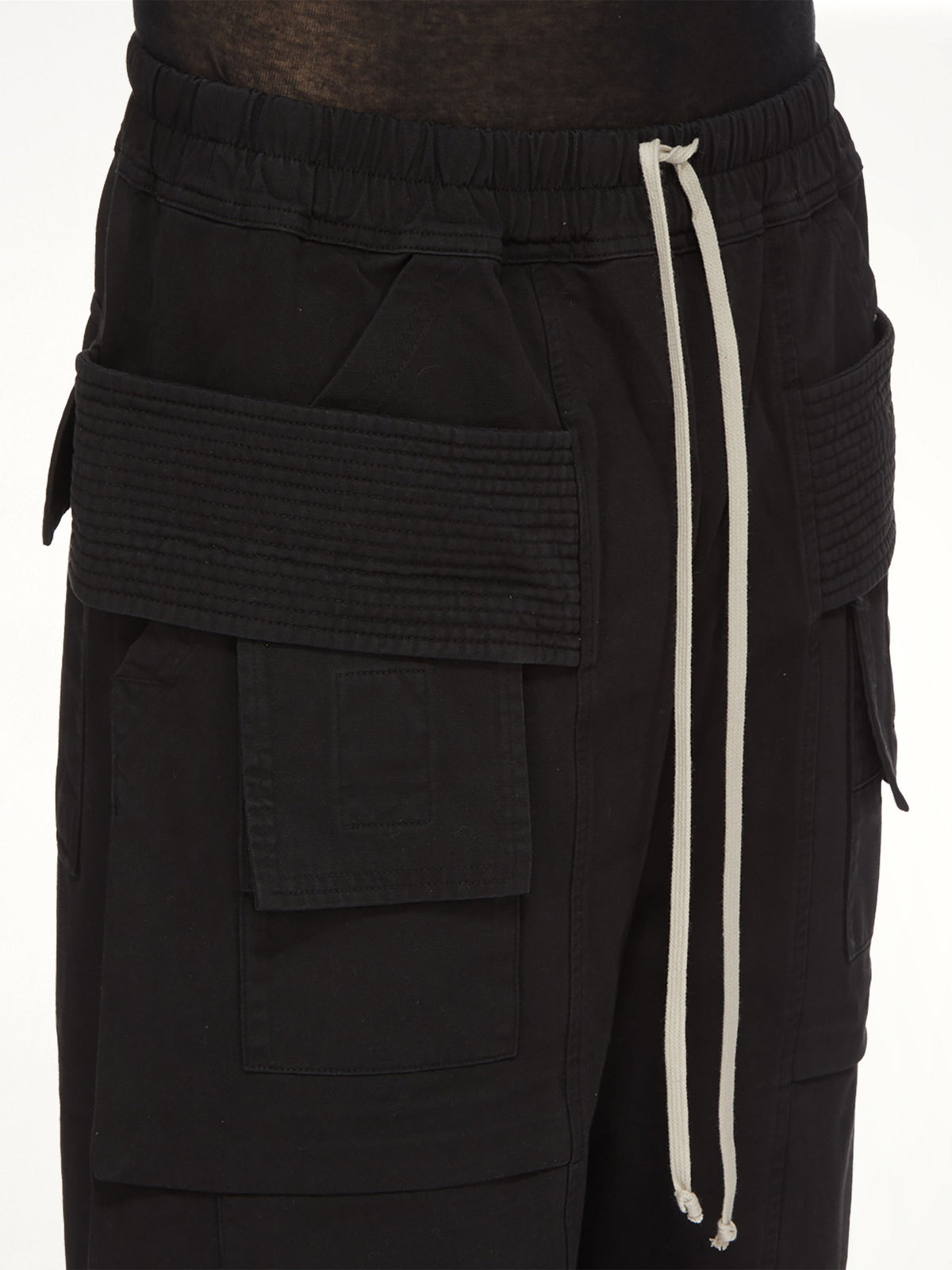 Cotton Twill Creatch Wide Cargo Drawstring Pants in Black